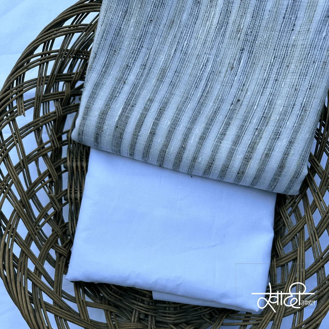 Khadi Kurta Pajama Fabric Combo Set - Unstitched Off Green Traditional Khadi