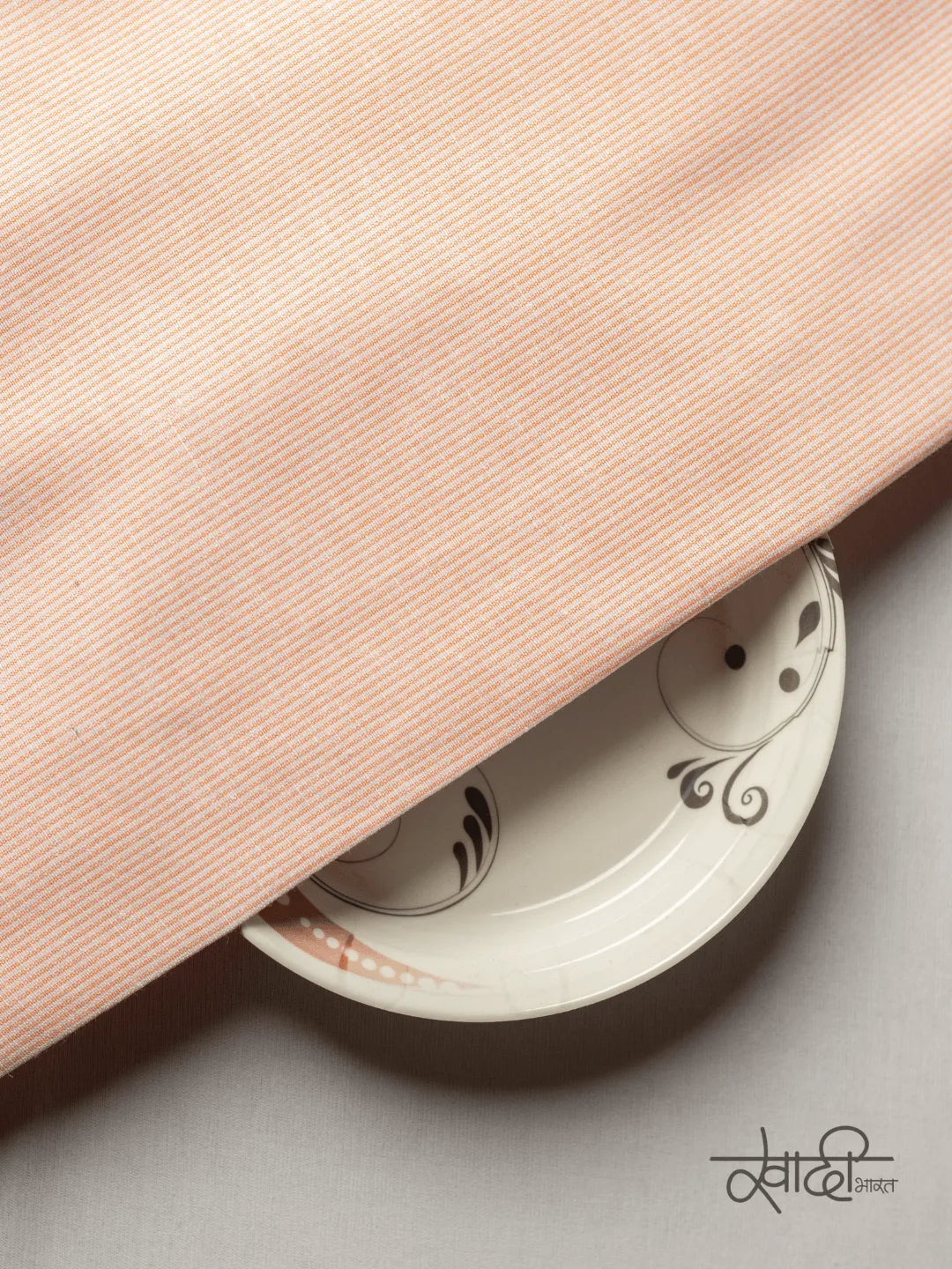 Small Plain Line White & Orange Traditional Khadi Fabric