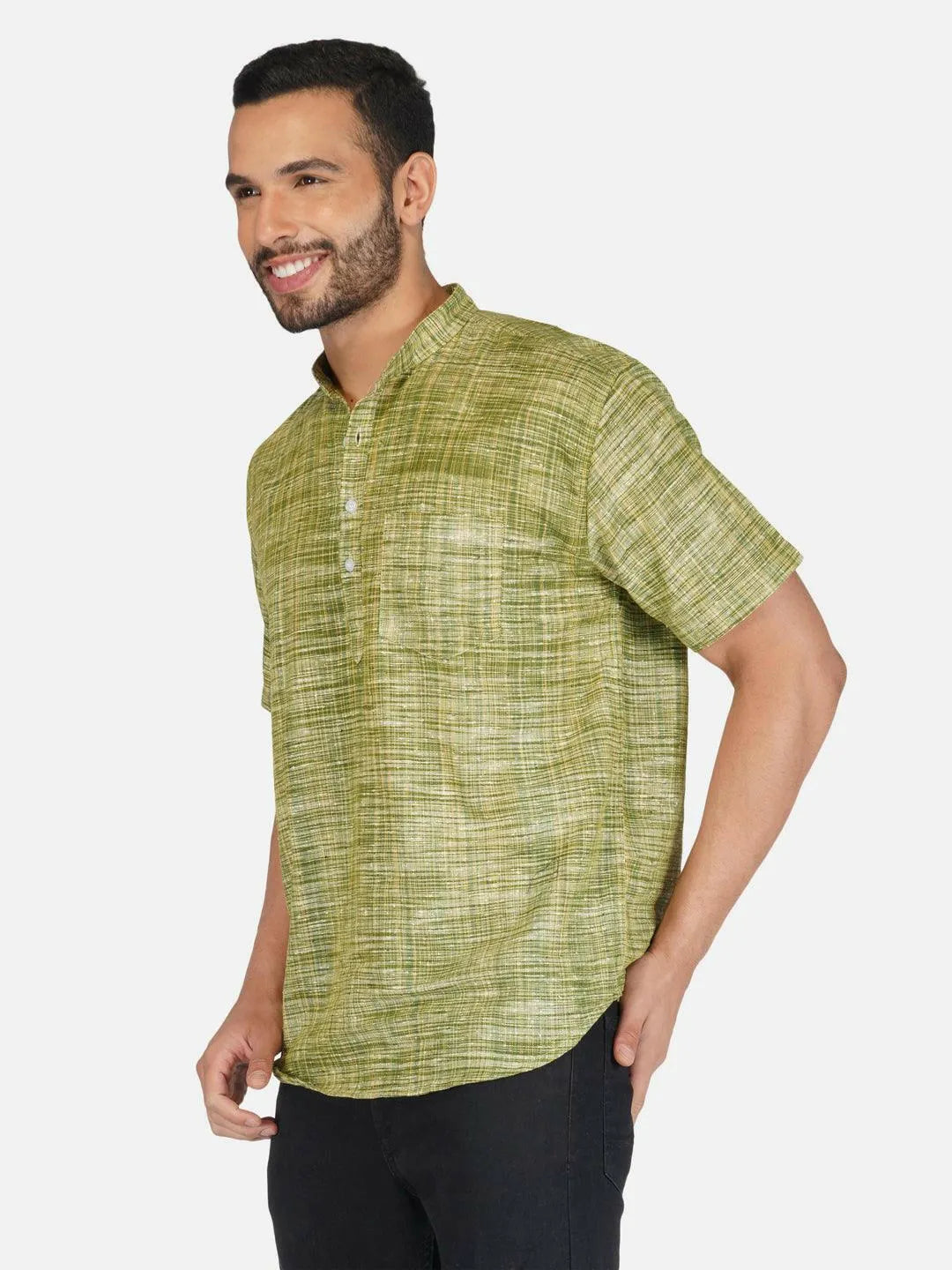 Pure Khadi Short Kurta in Green Color