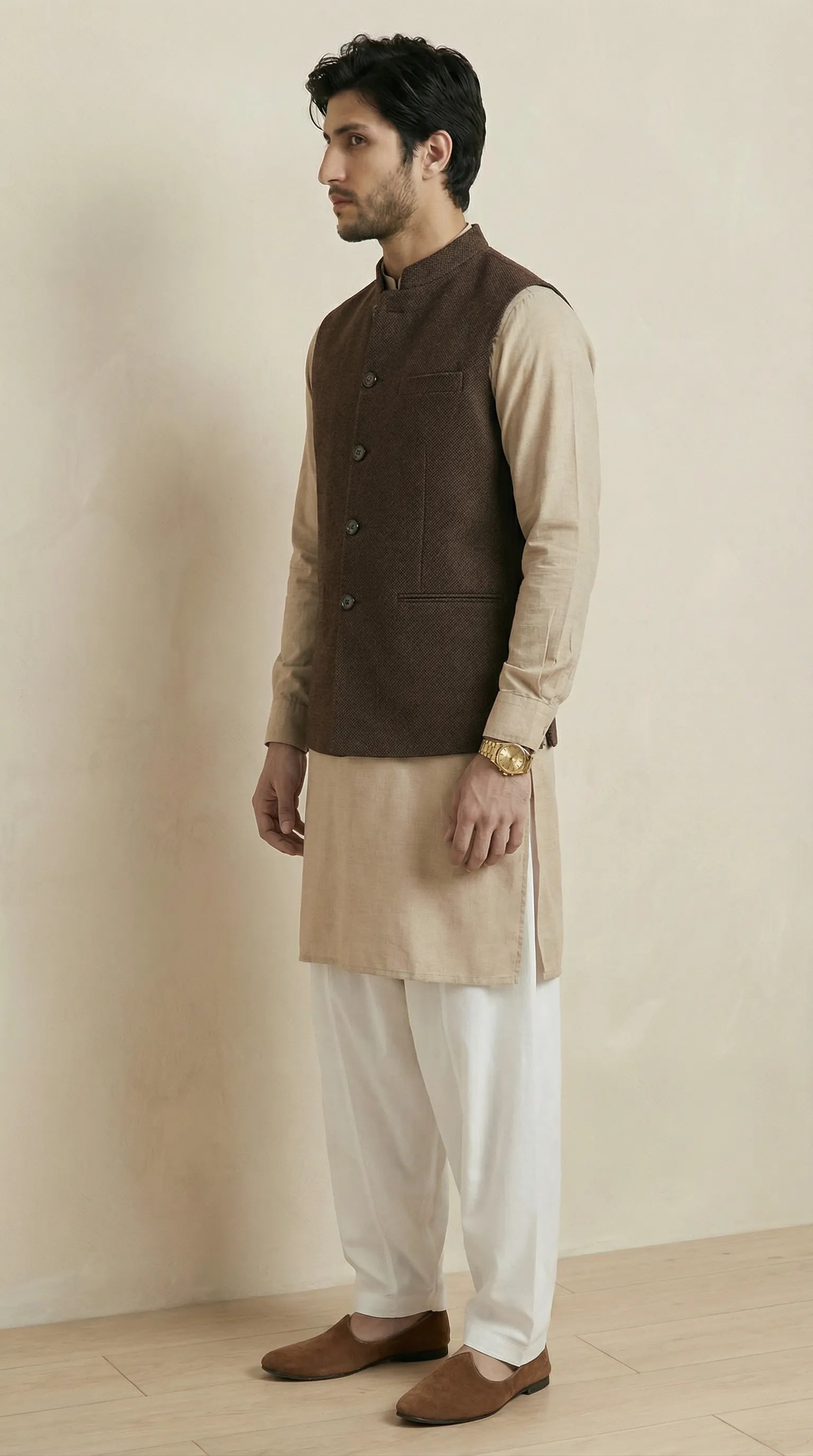 Brown Signature Nehru Fit Jacket | 100% Woolen