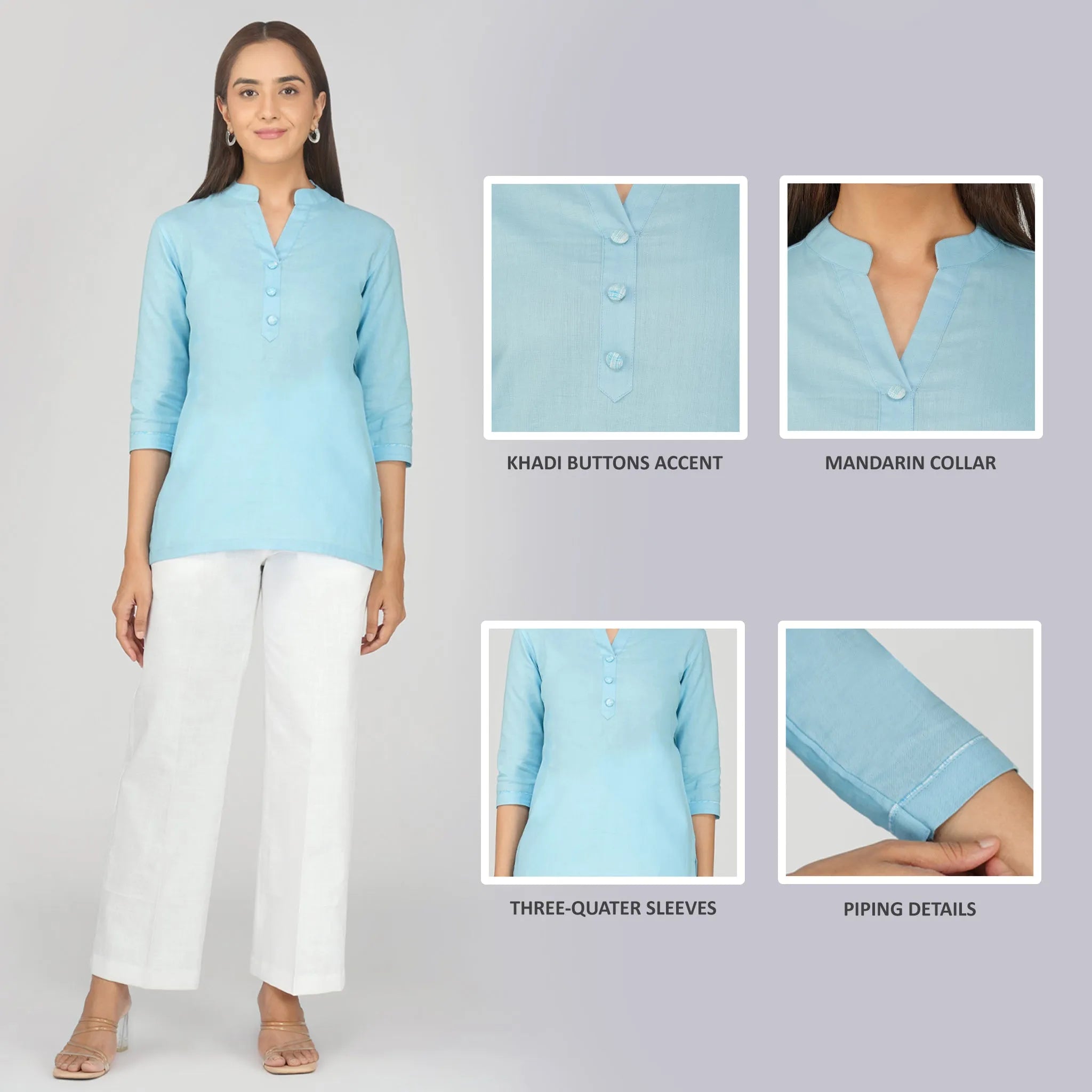 Women’s Khadi Short Kurti in Pastel Blue