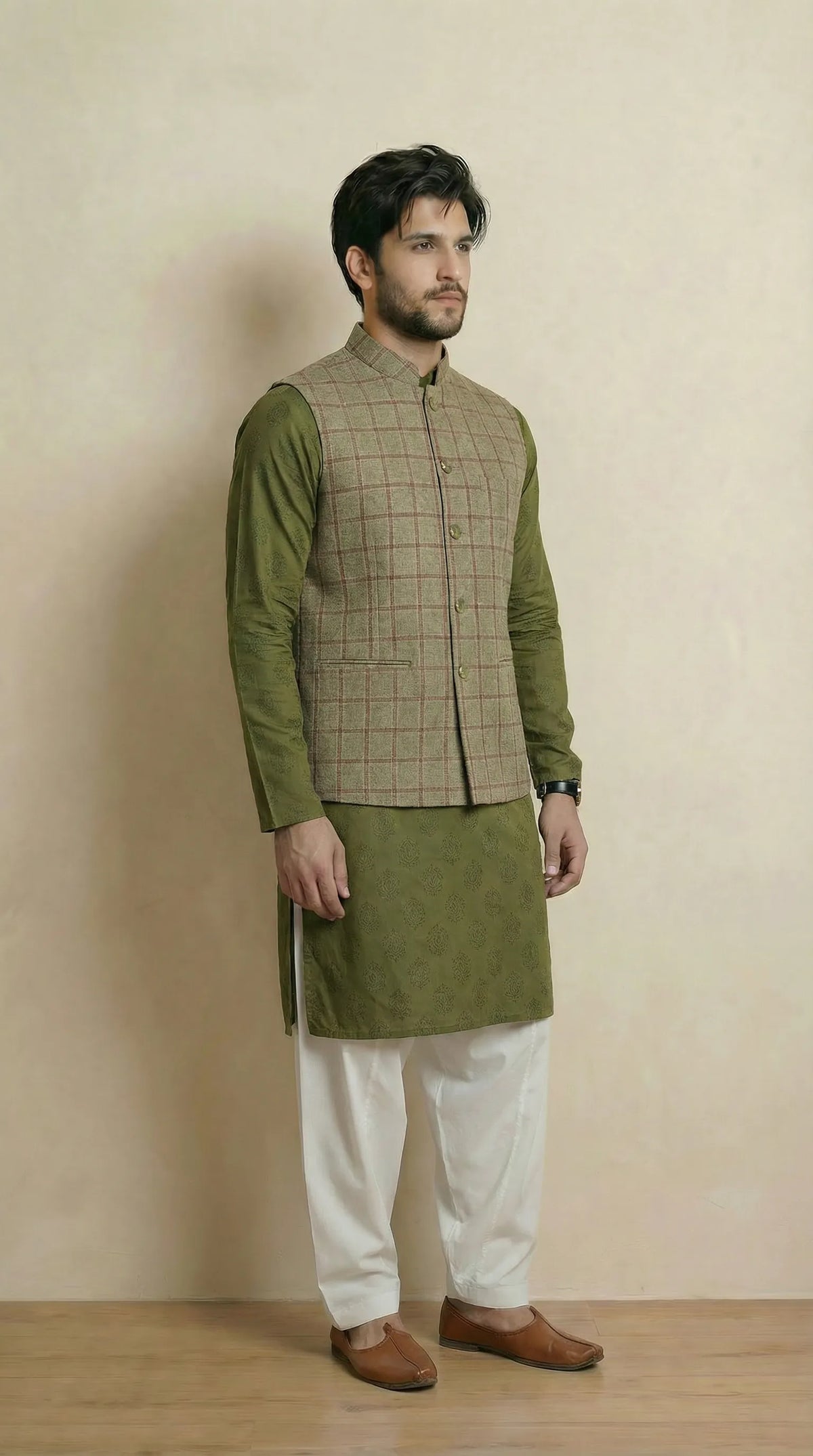 Olive Green Signature Nehru Fit Jacket | 100% Woolen