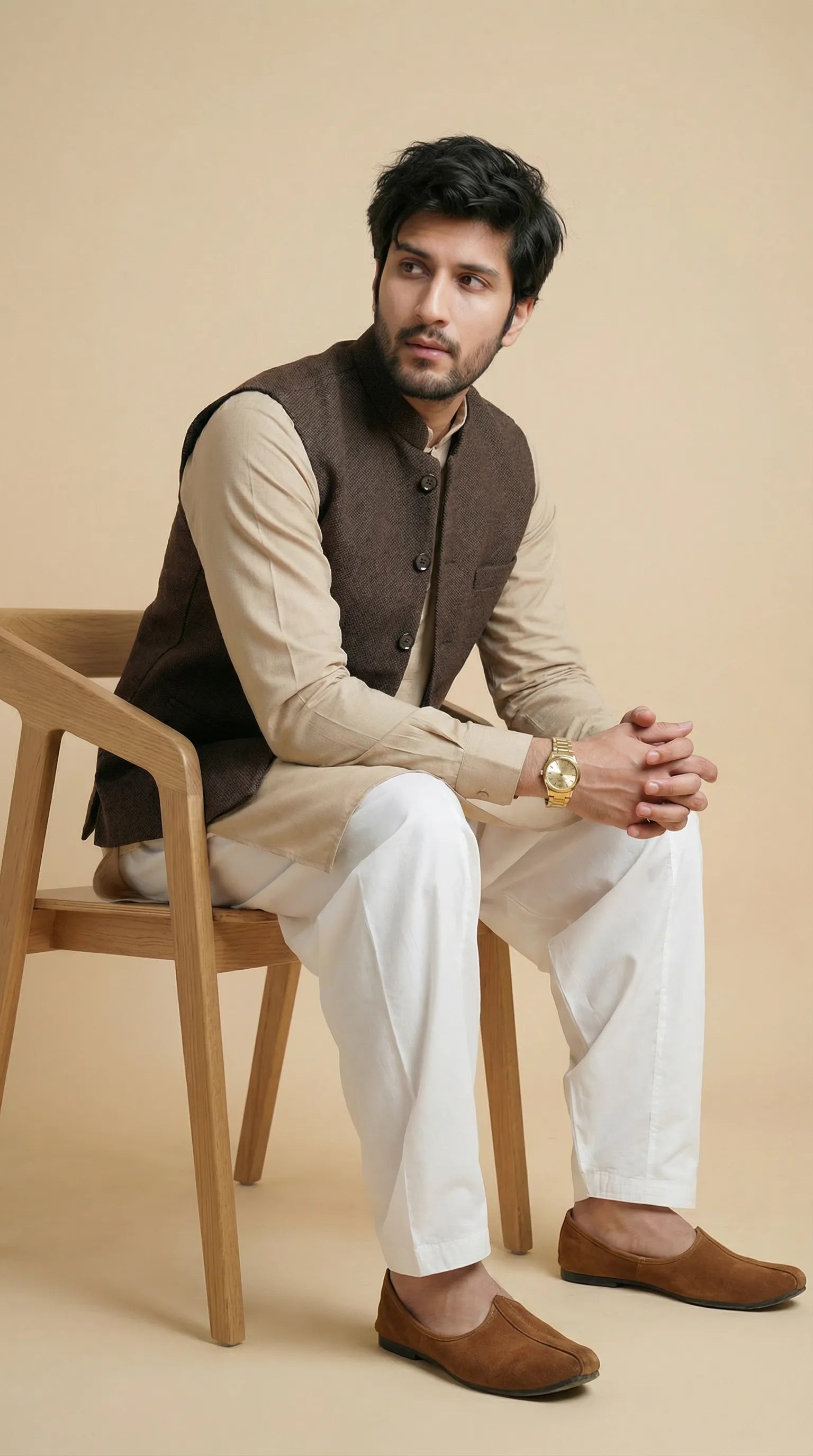 Brown Signature Nehru Fit Jacket | 100% Woolen