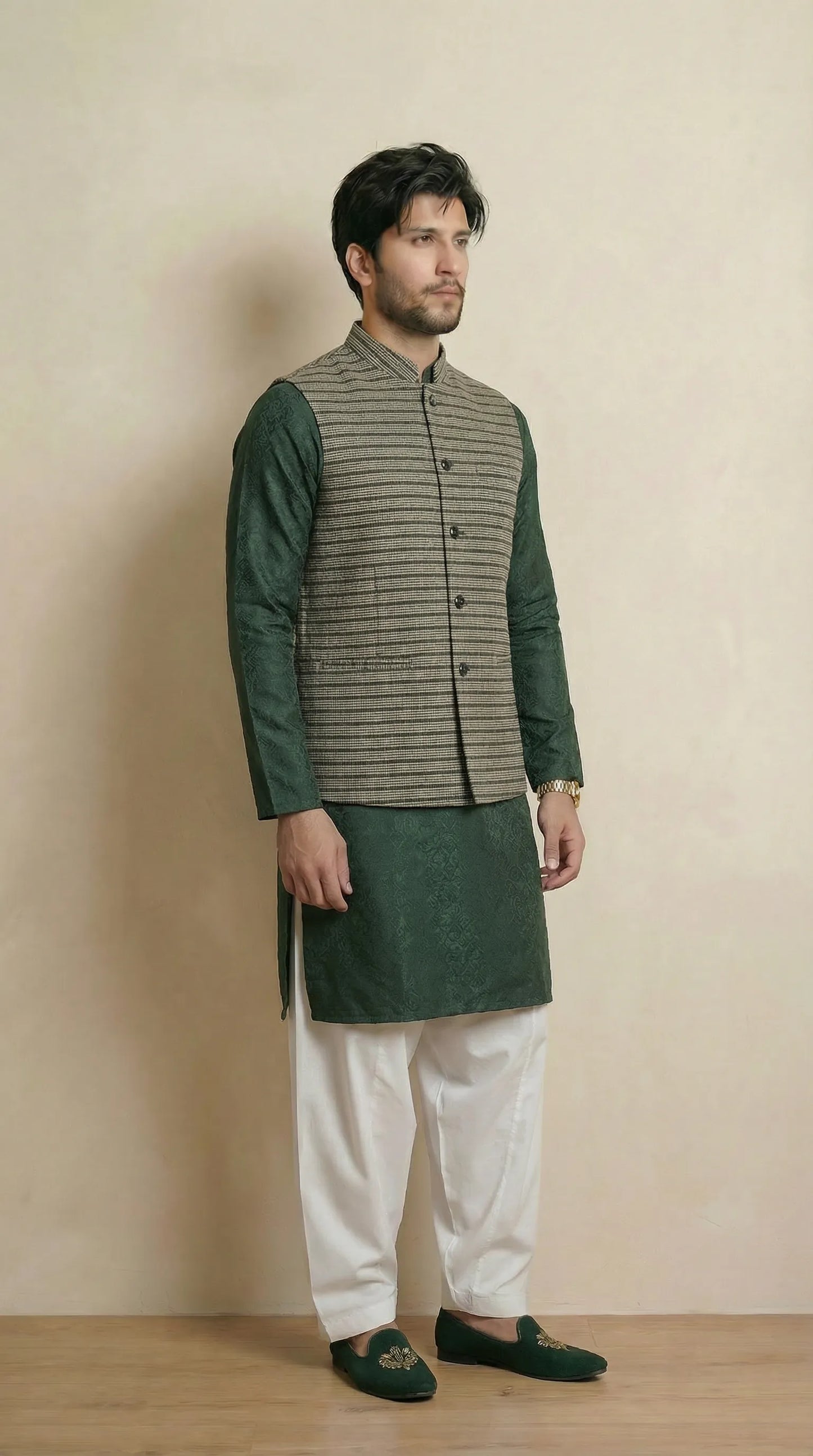 Greyish Green Signature Nehru Fit Jacket | 100% Woolen