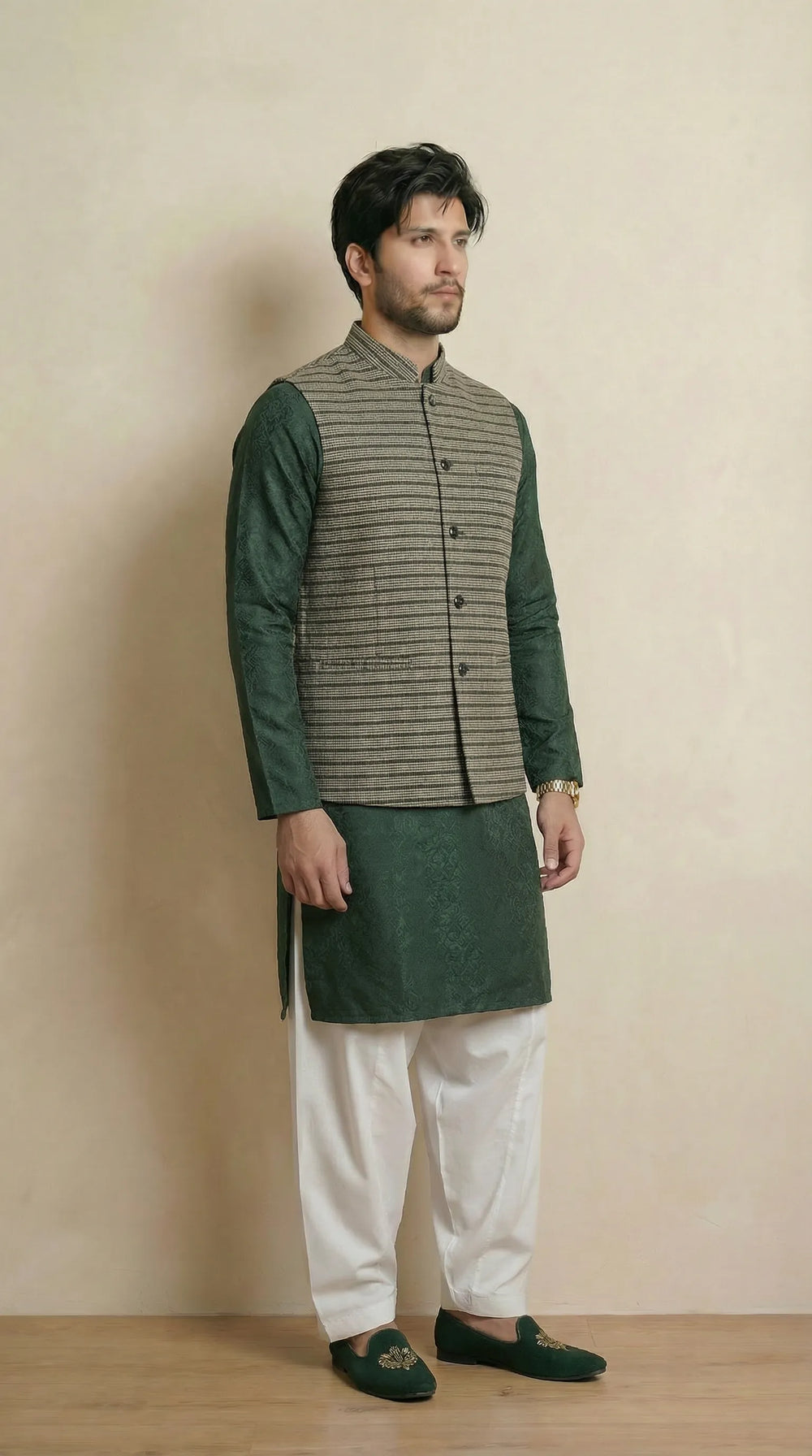 Greyish Green Signature Nehru Fit Jacket | 100% Woolen