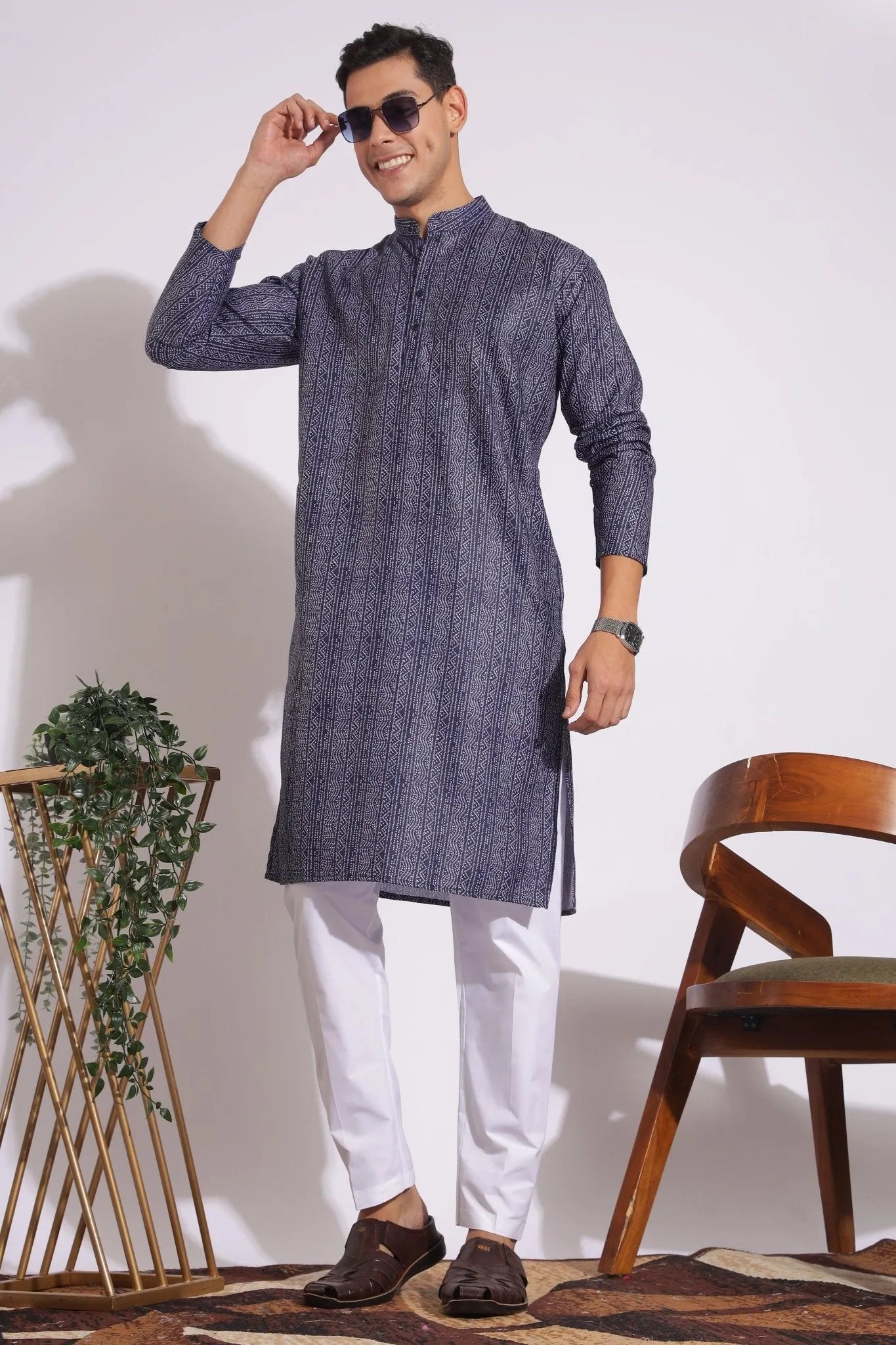 Trending Black and Grey Lining Design Print Kurta