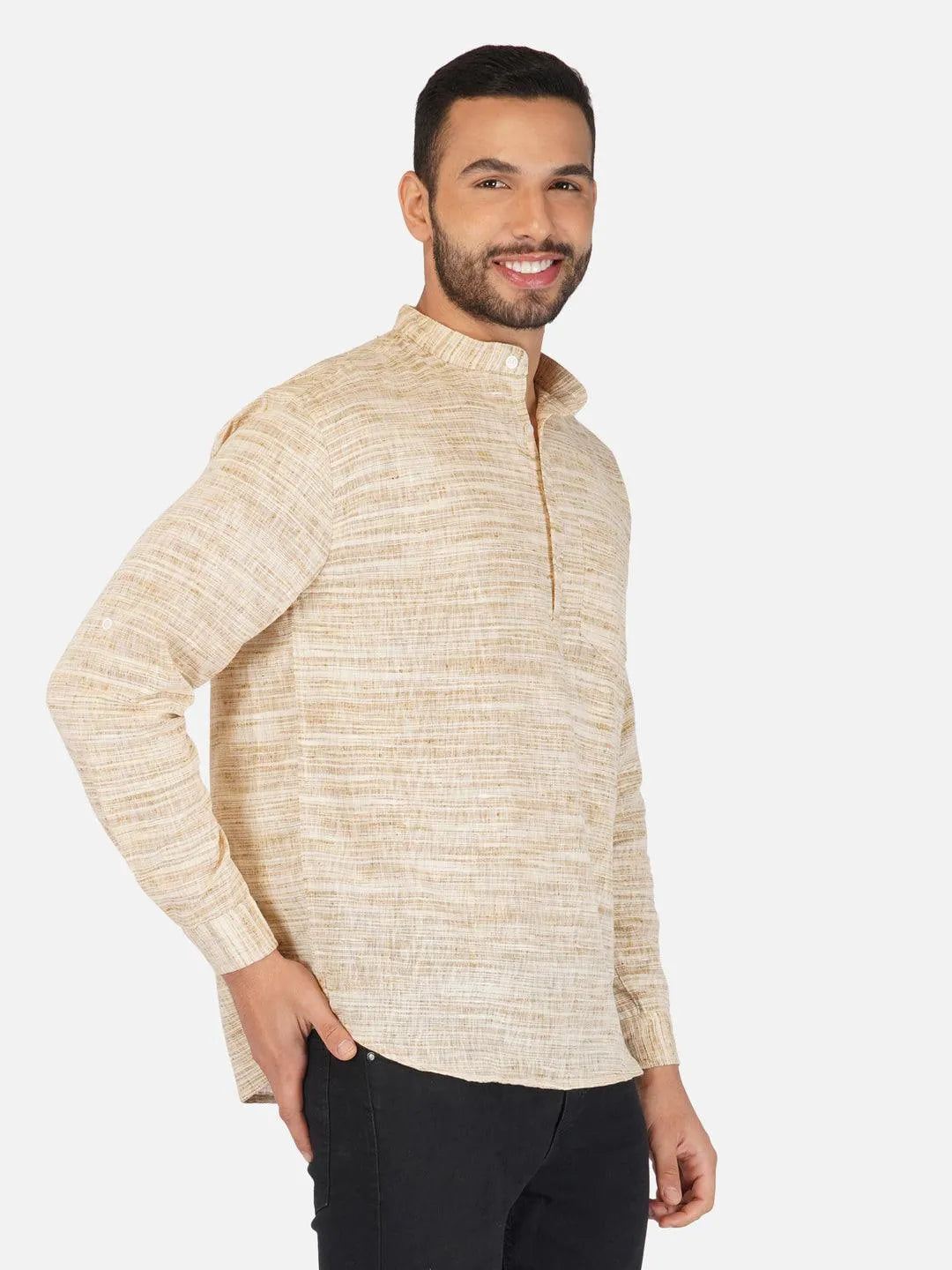Pure Khadi Short Kurta in Self Pattern Wheat Color