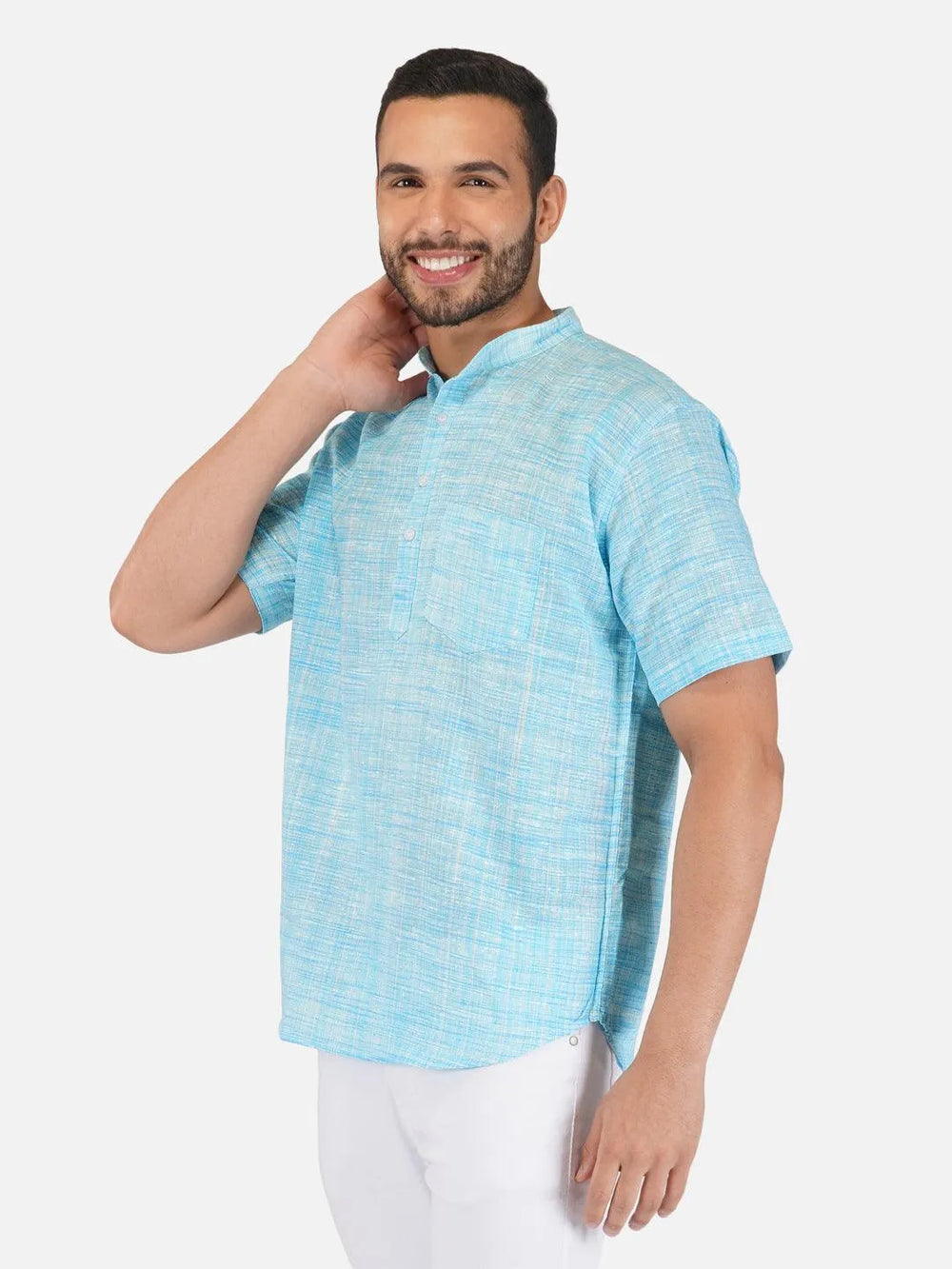 Pure Khadi Short Kurta in Sky Blue Color