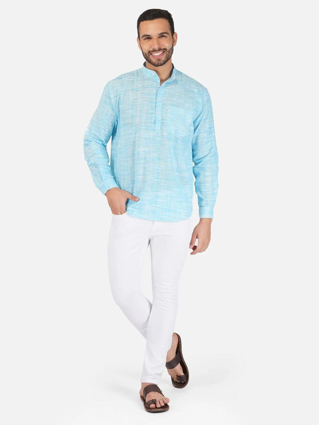 Pure Khadi Short Kurta in Sky Blue Color