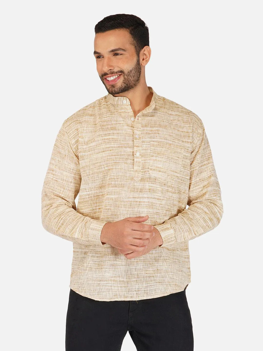 Pure Khadi Short Kurta in Self Pattern Wheat Color
