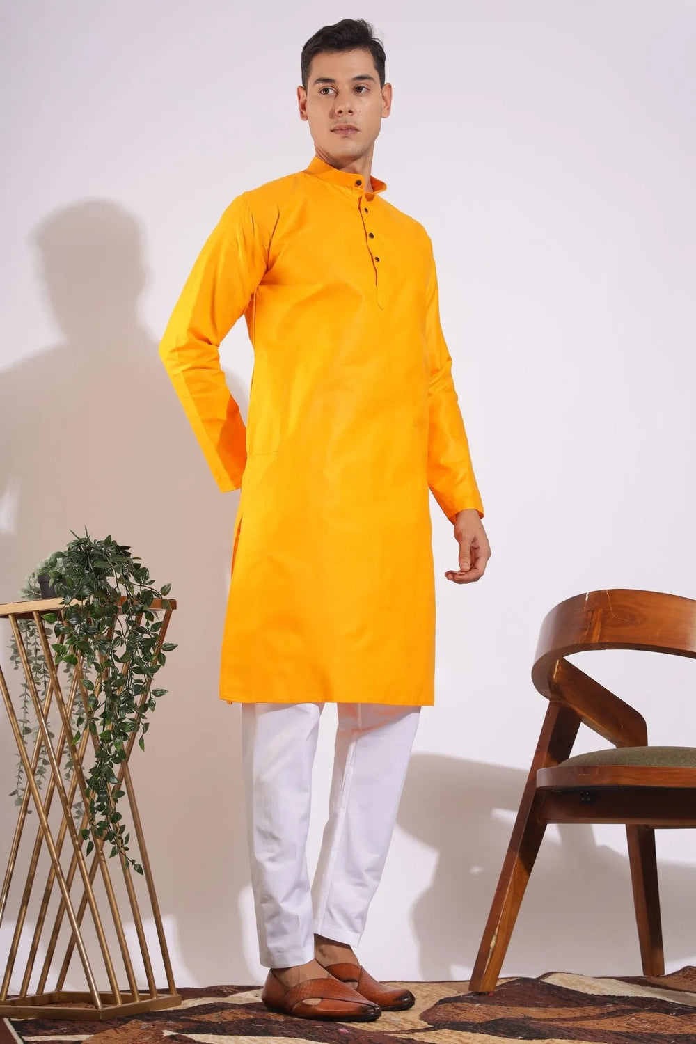 Traditional Yellowish Orange Plain Kurta