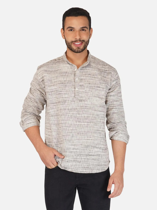 Pure Khadi Short Kurta in Self Pattern Grey Color