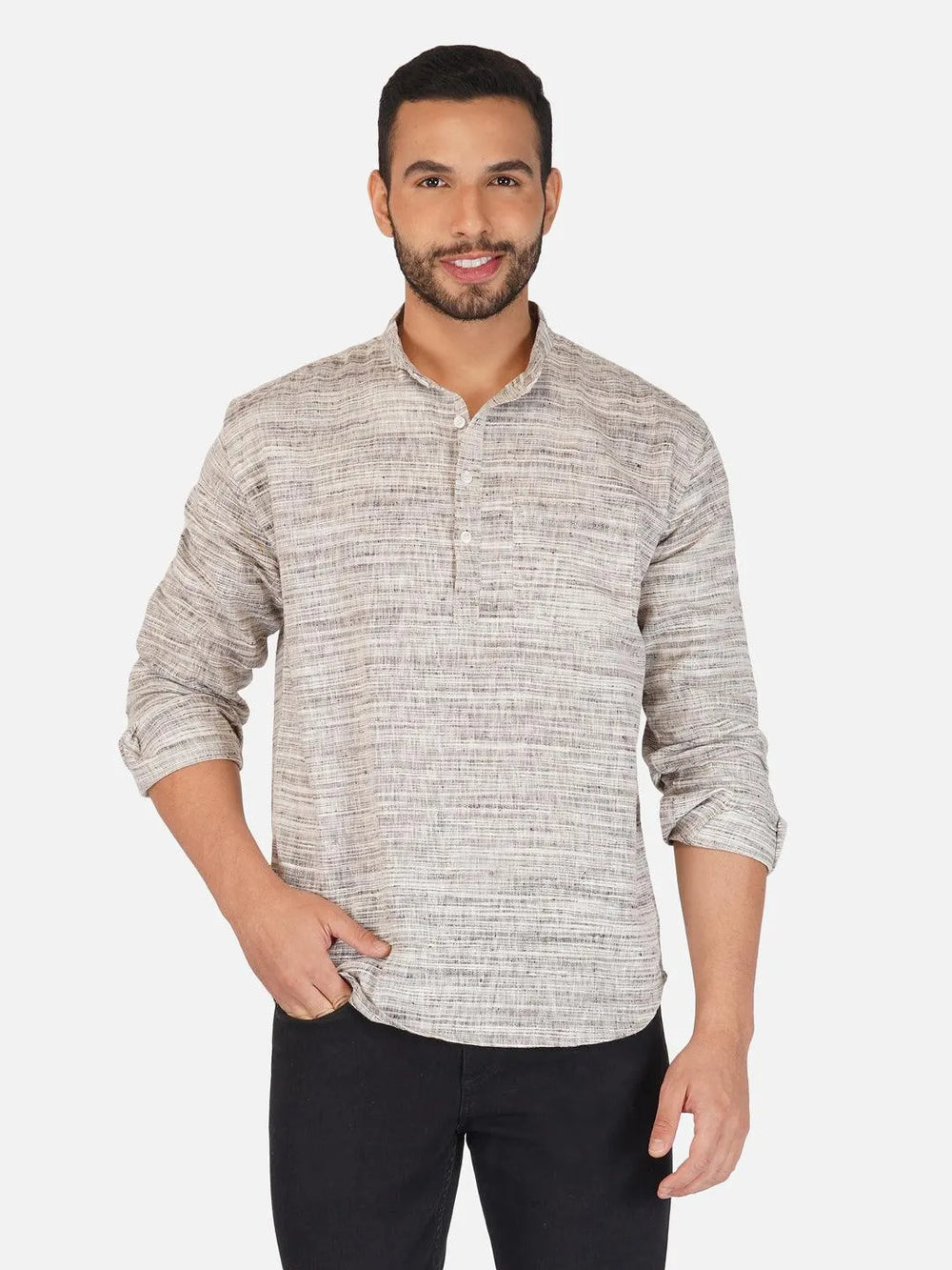 Pure Khadi Short Kurta in Self Pattern Grey Color