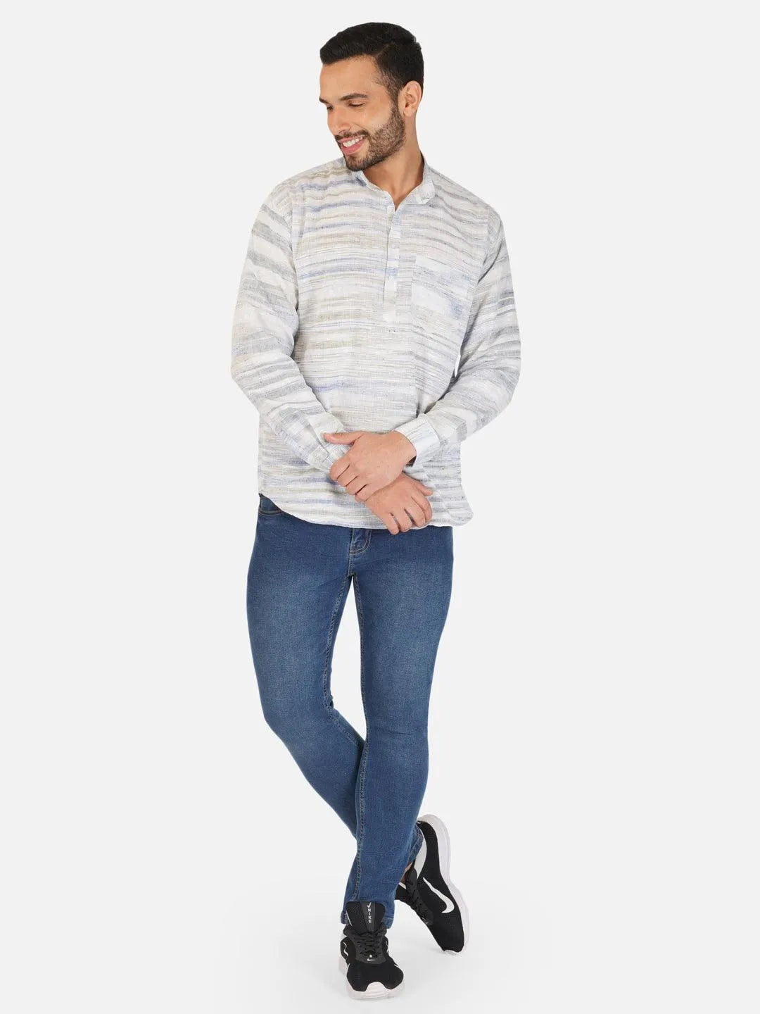 Pure Khadi Short Kurta in Self Pattern Blue Color