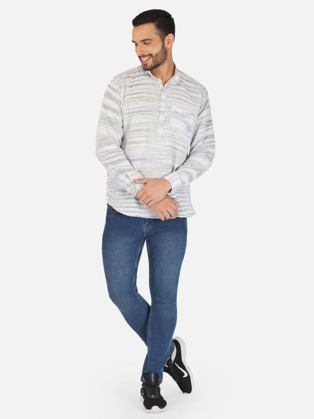 Pure Khadi Short Kurta in Self Pattern Blue Color