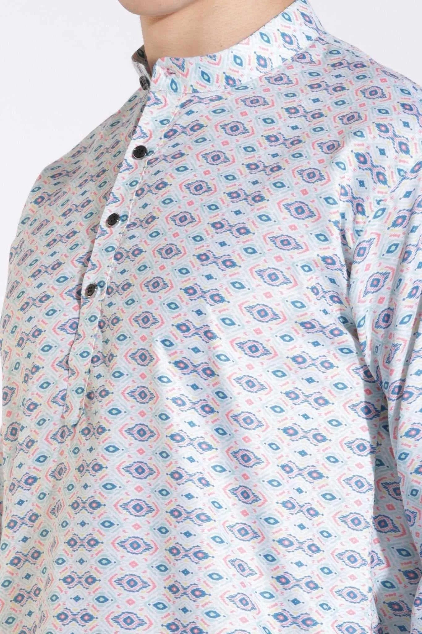 Stylish White Blended With Blue Print Kurta