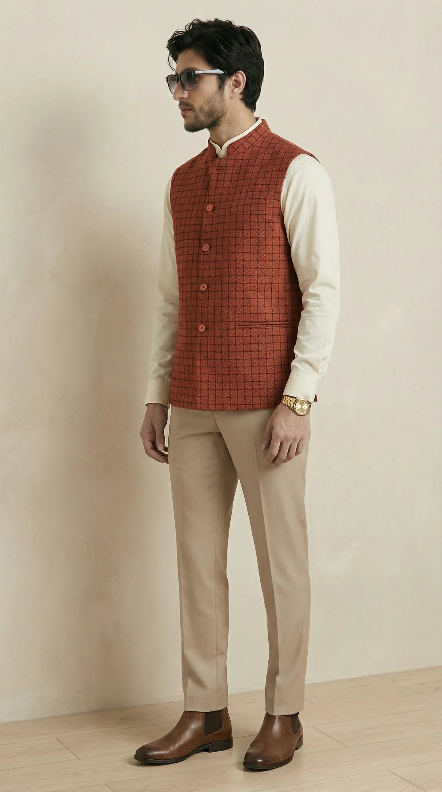 Rust Orange Signature Nehru Fit Jacket | 100% Woolen