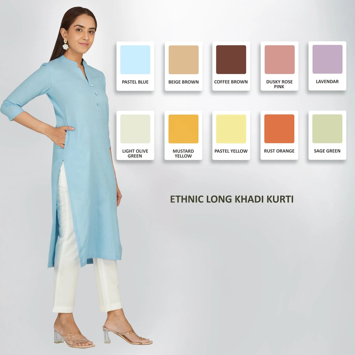 Women Khadi Long Kurti in Pastel Blue