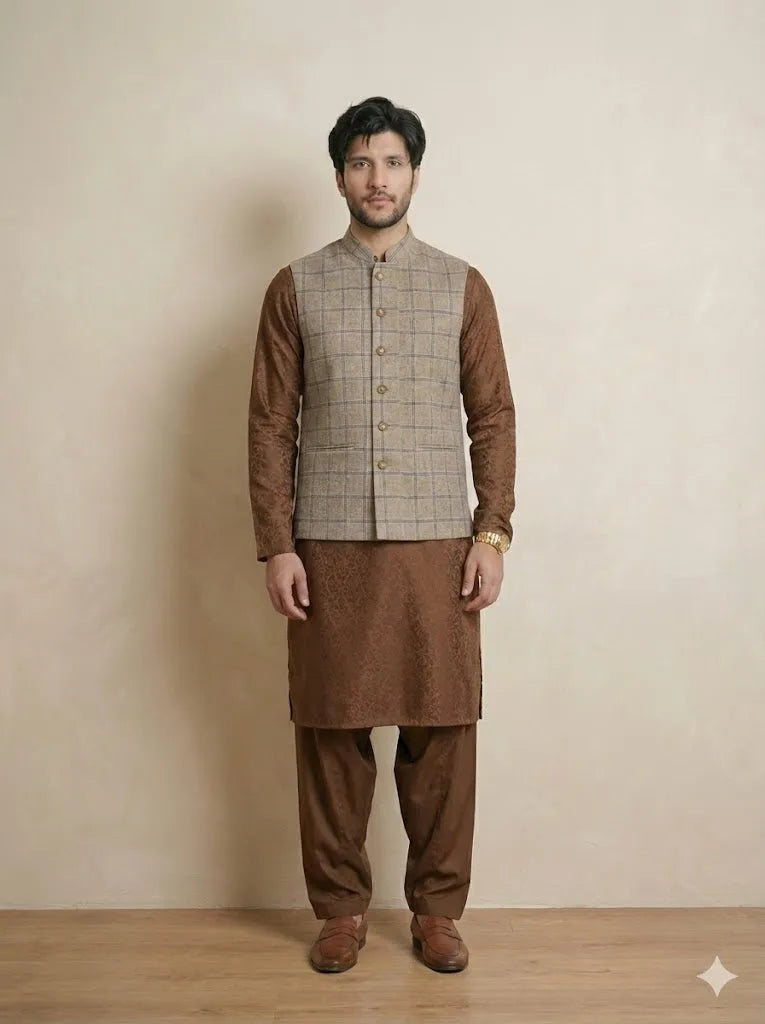 Dark Beige Signature Nehru Fit Jacket | 100% Woolen
