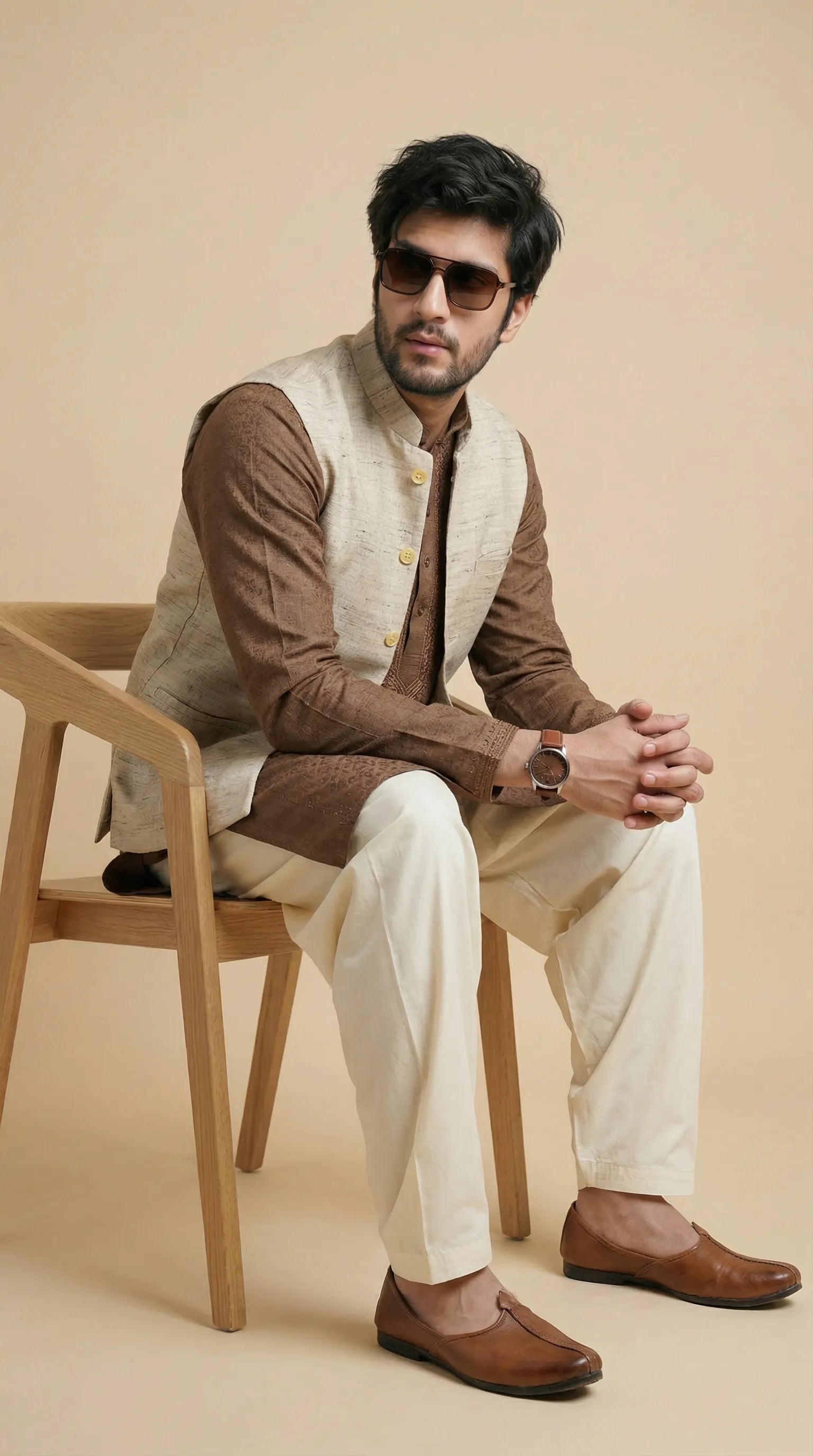 Silk Beige Signature Nehru Fit Jacket | 100% Woolen