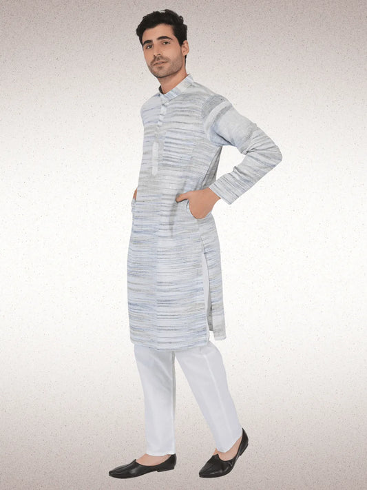 Traditional Khadi Kurta Off-White Blended with Blue Colour