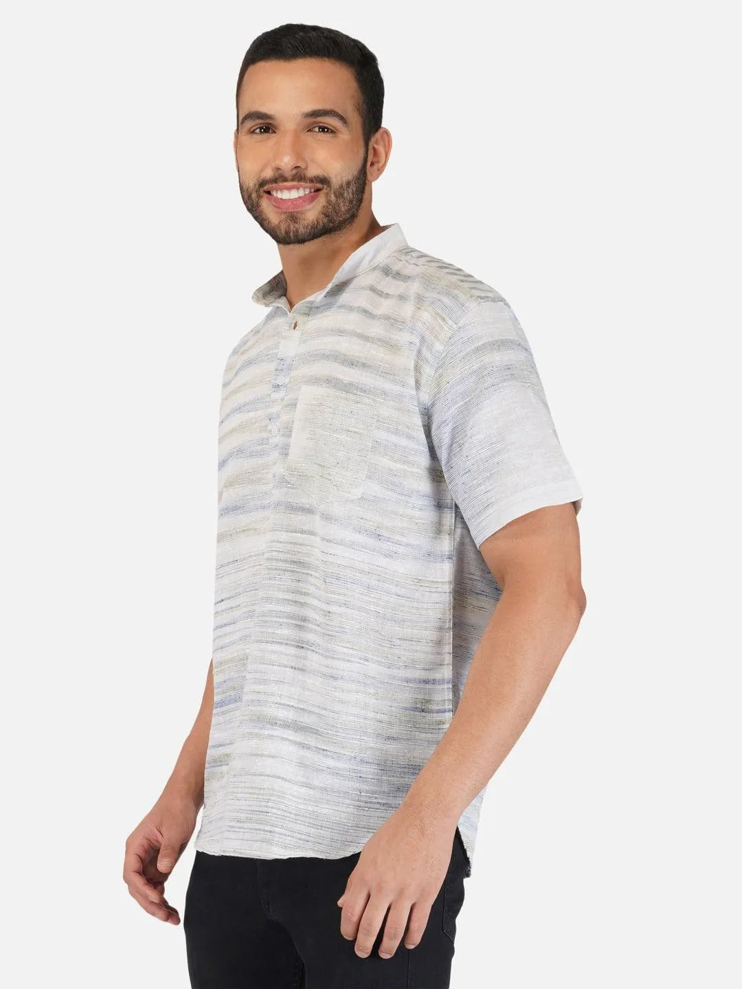 Pure Khadi Short Kurta in Self Pattern Blue Color