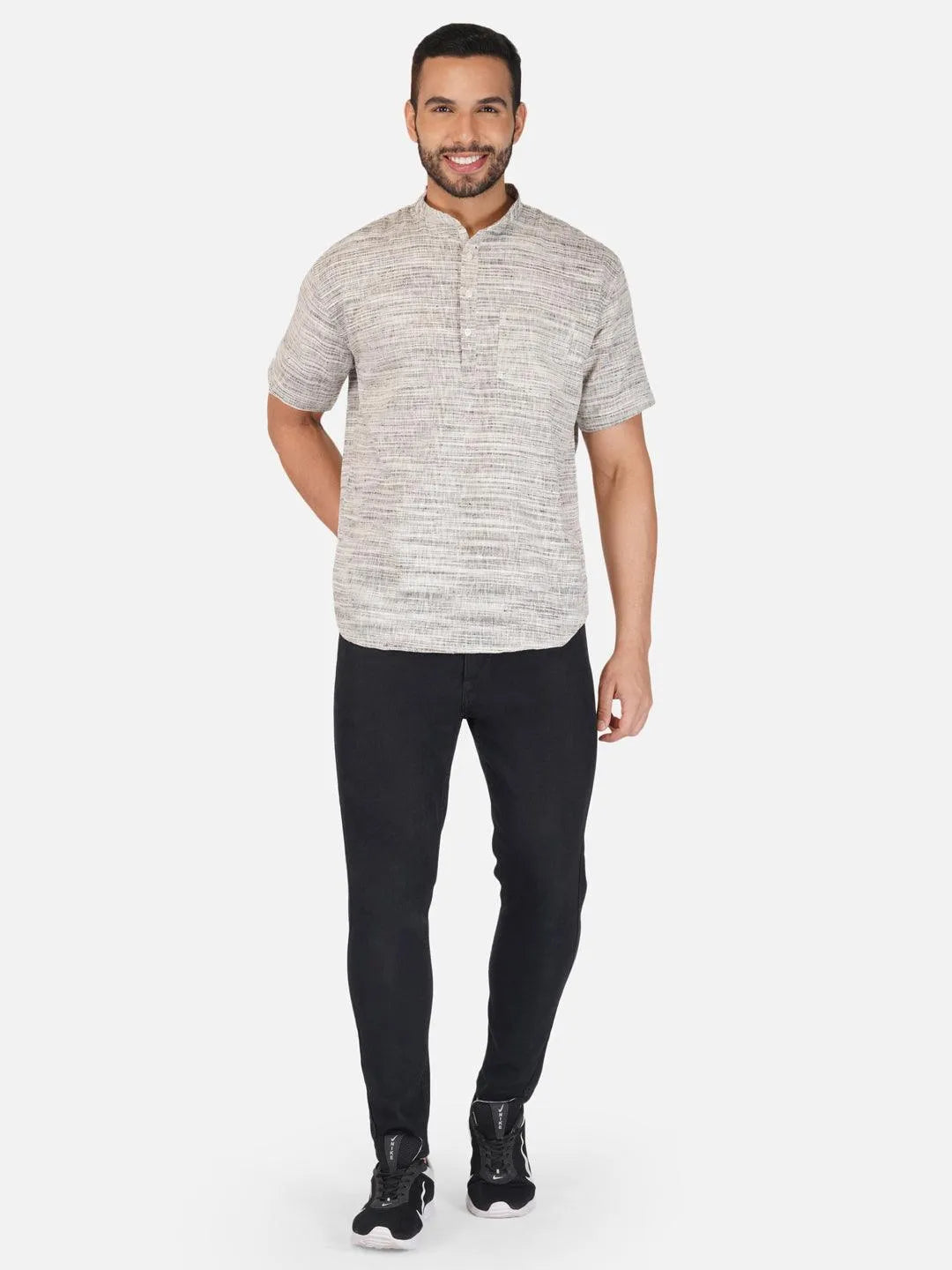 Pure Khadi Short Kurta in Self Pattern Grey Color