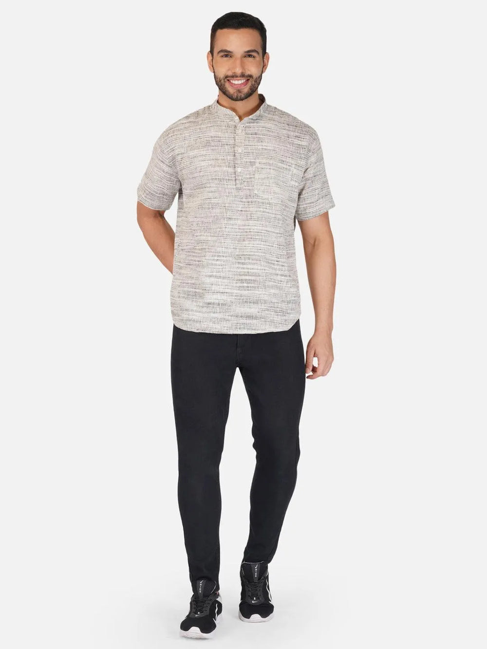 Pure Khadi Short Kurta in Self Pattern Grey Color