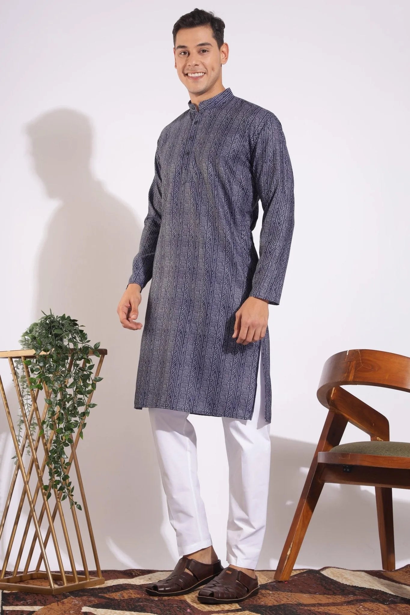 Trending Black and Grey Lining Design Print Kurta