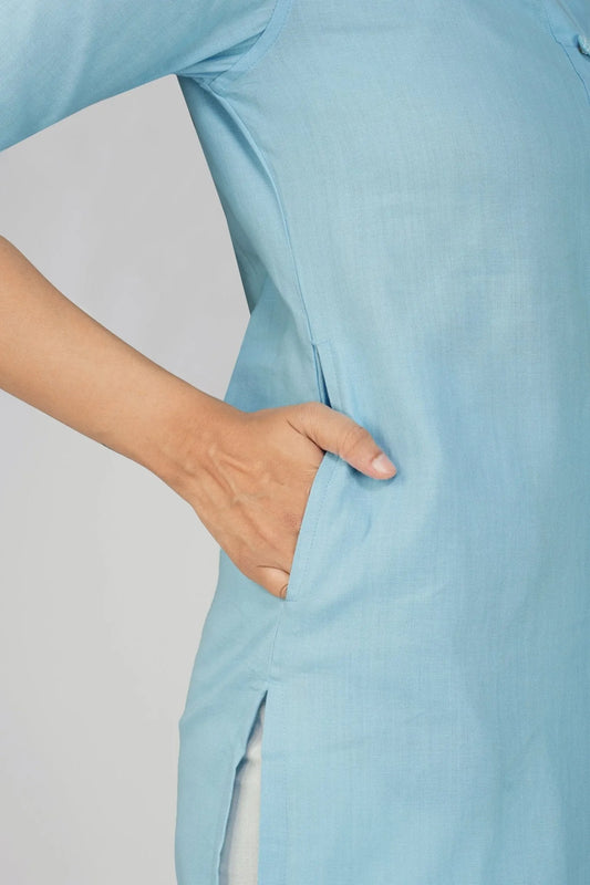 Women Khadi Long Kurti in Pastel Blue