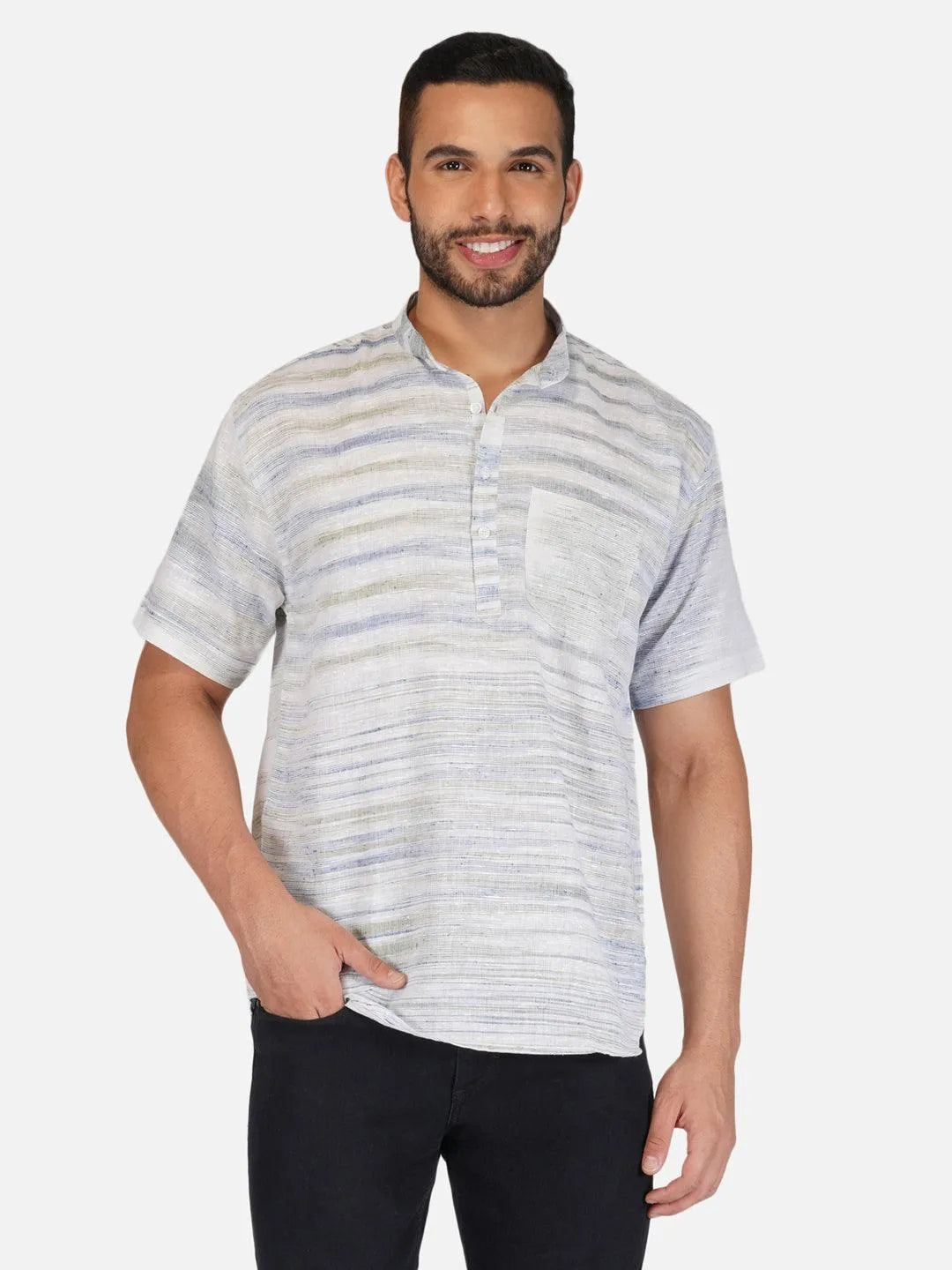 Pure Khadi Short Kurta in Self Pattern Blue Color