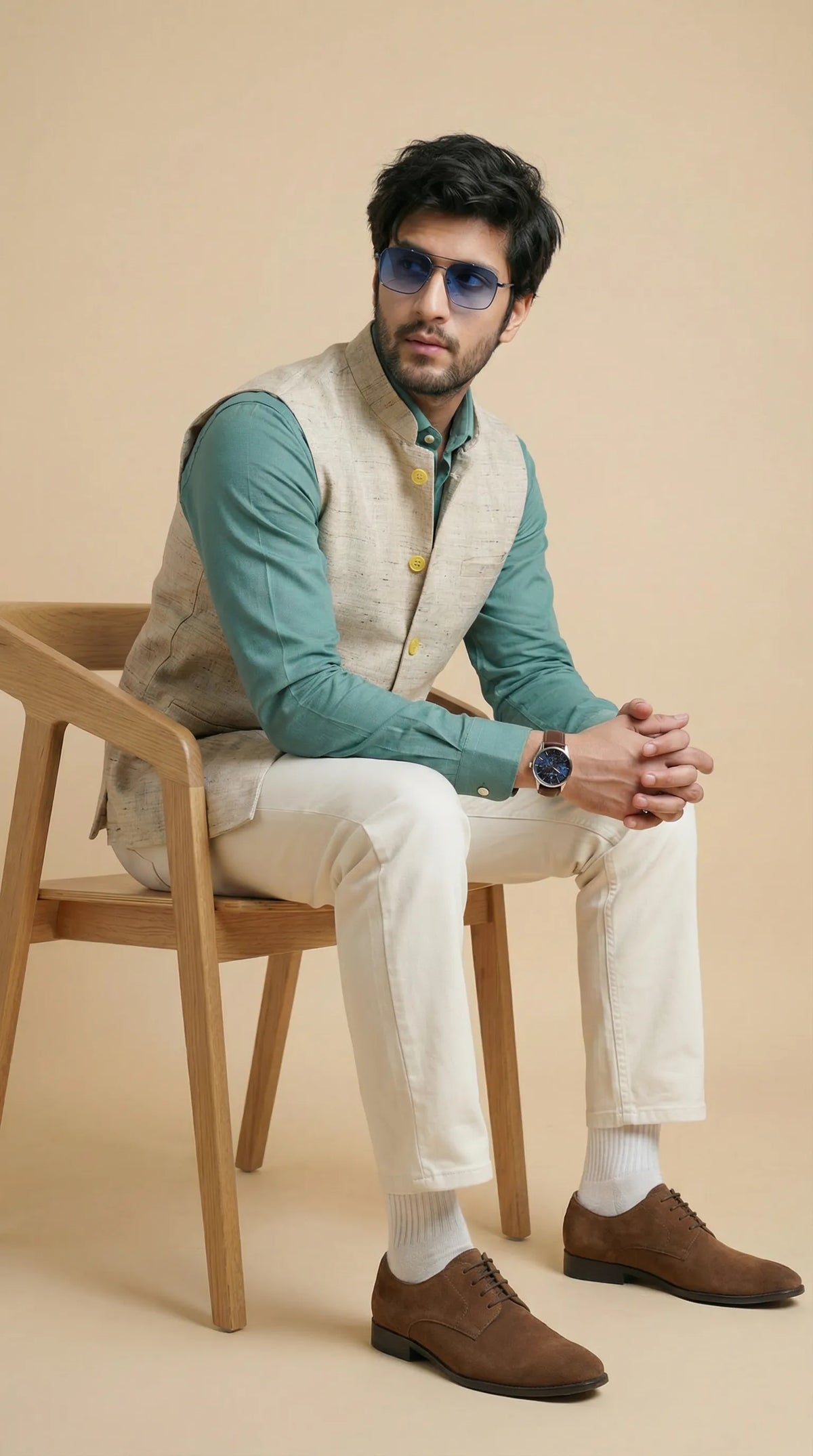 Silk Beige Signature Nehru Fit Jacket | 100% Woolen