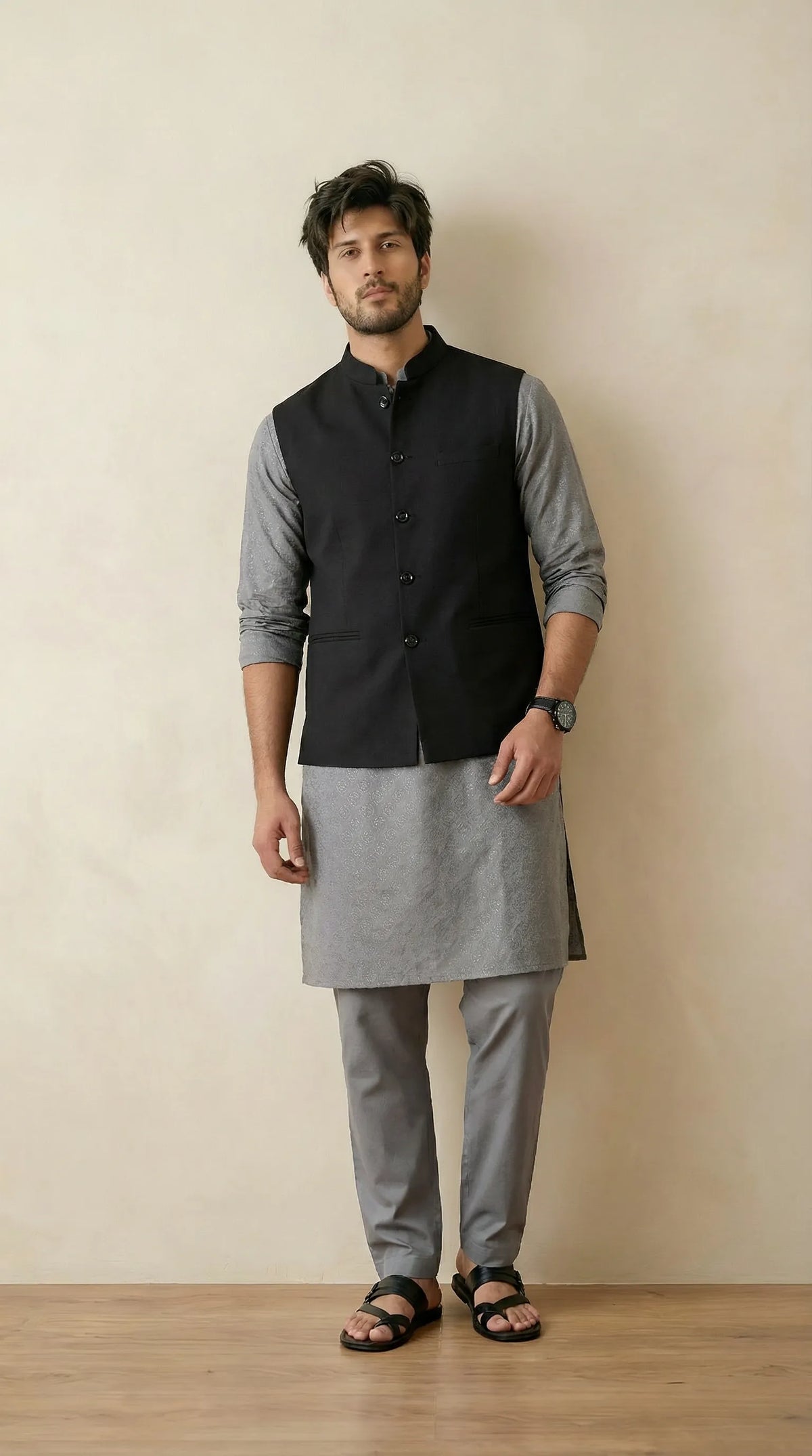 Men’s Black Nehru Jacket - Premium 100% Wool Tailored Fit