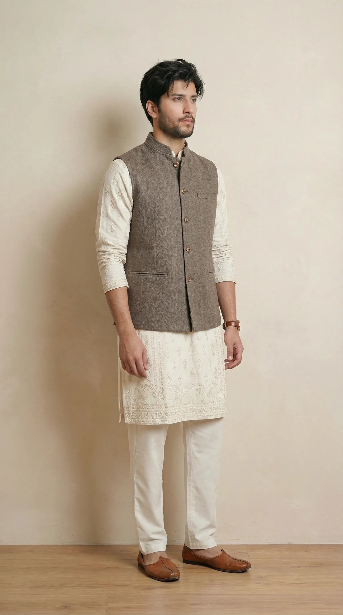 Reversible Wood Brown Nehru Fit Jacket | 100% Woolen