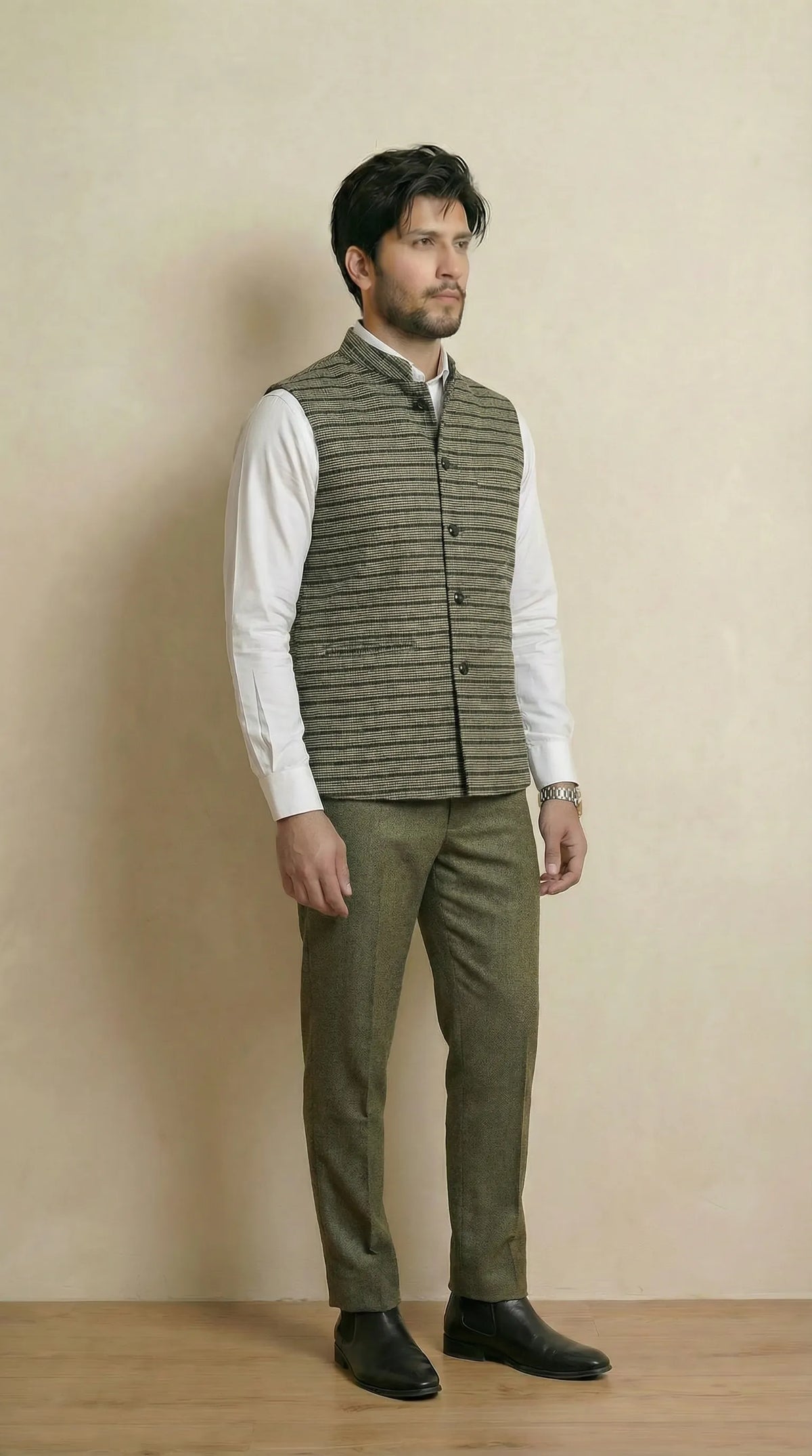 Greyish Green Signature Nehru Fit Jacket | 100% Woolen