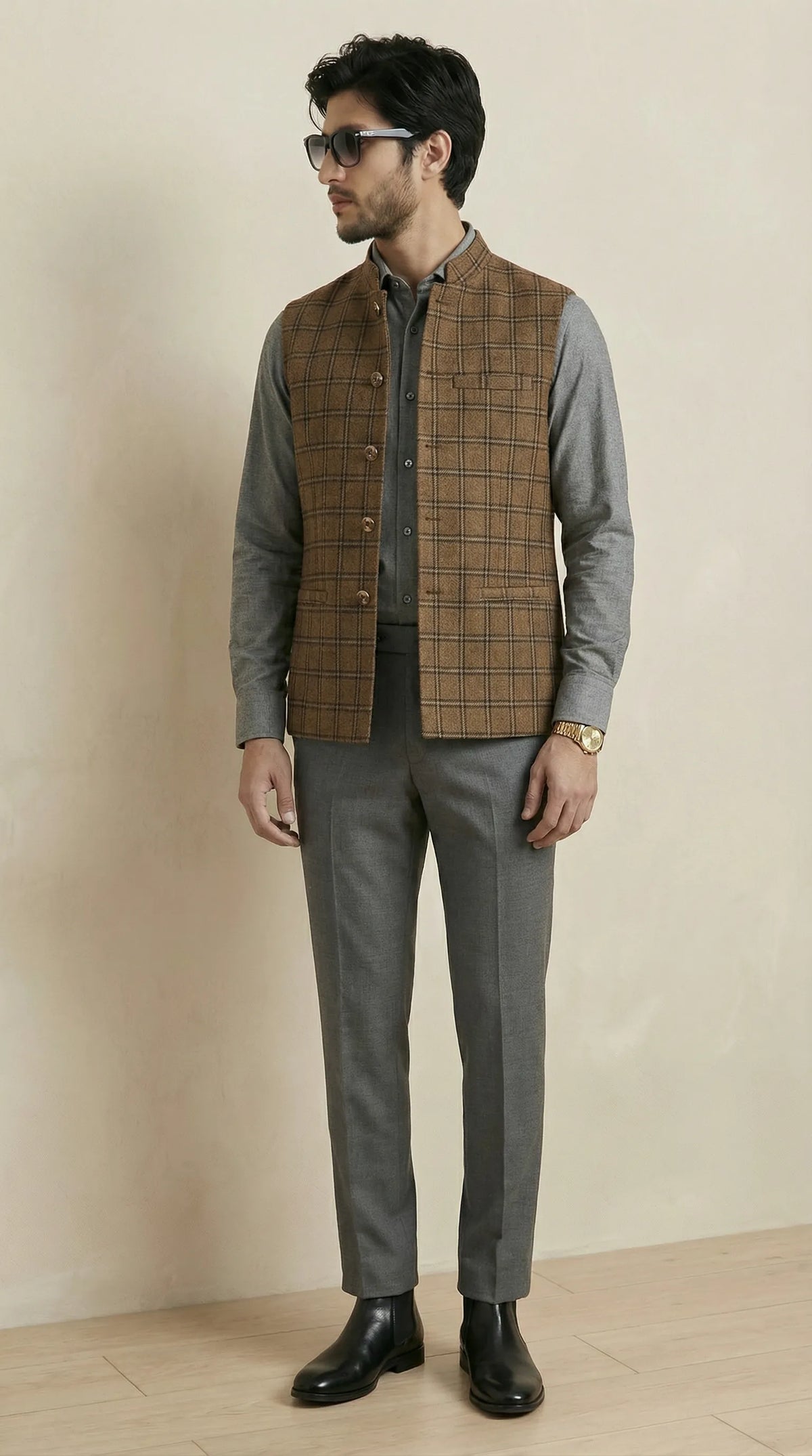 Reversible Wood Brown Nehru Fit Jacket | 100% Woolen