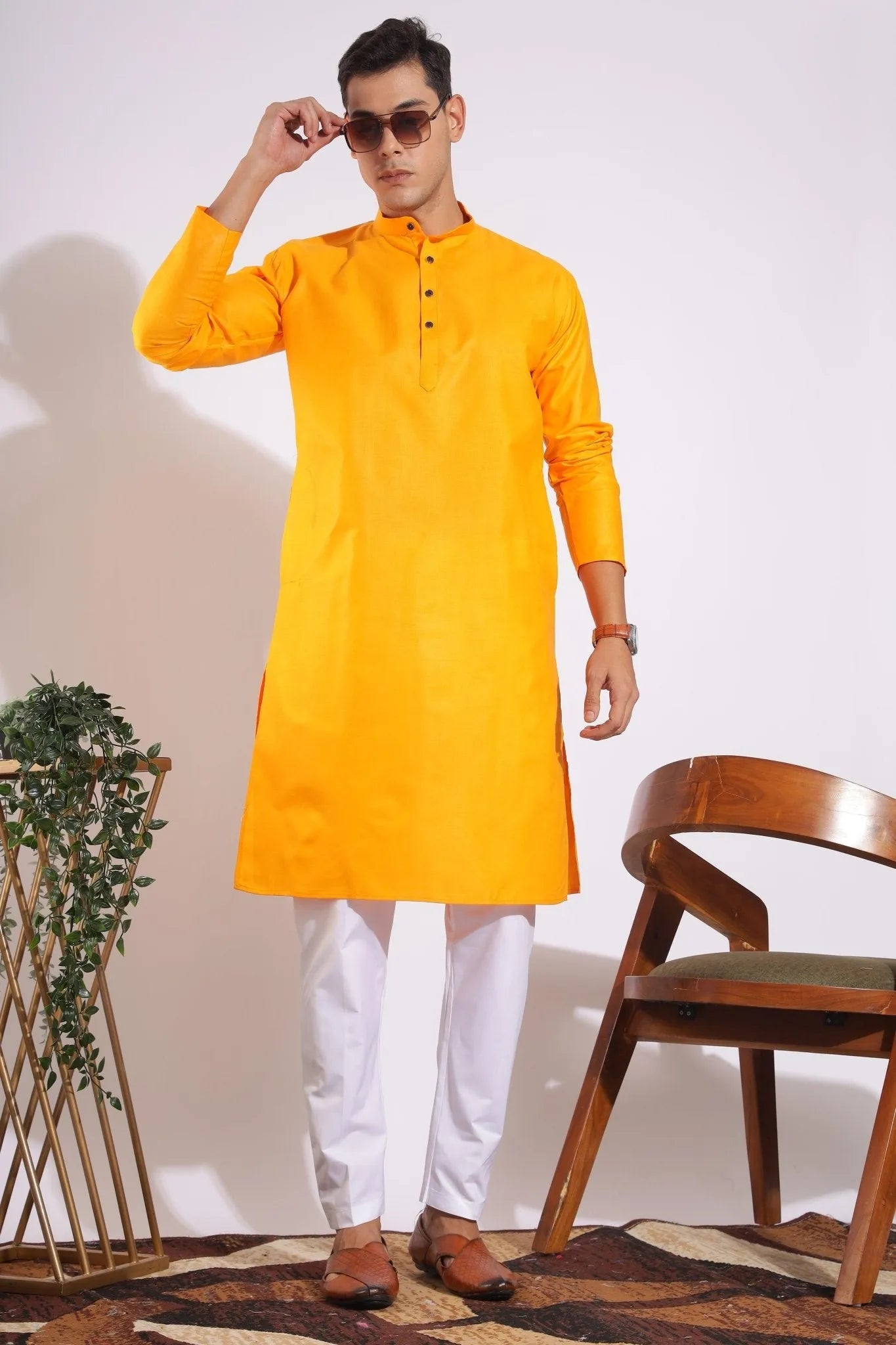 Traditional Yellowish Orange Plain Kurta