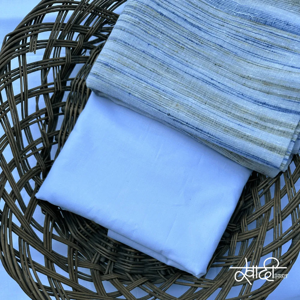 Khadi Kurta Pajama Fabric Combo Set - Unstitched Off Blue Traditional Khadi