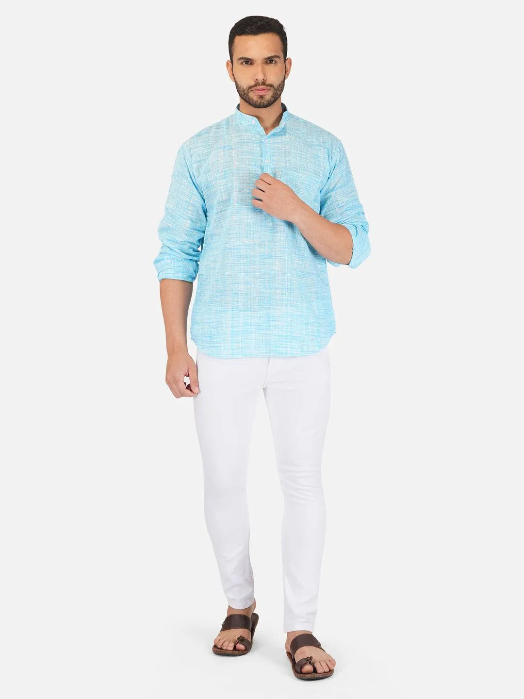 Pure Khadi Short Kurta in Sky Blue Color