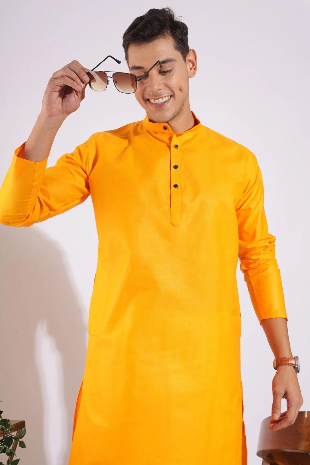 Traditional Yellowish Orange Plain Kurta