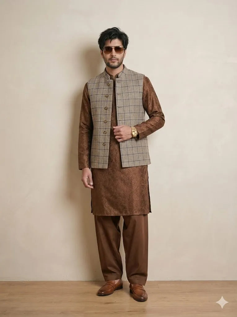 Dark Beige Signature Nehru Fit Jacket | 100% Woolen