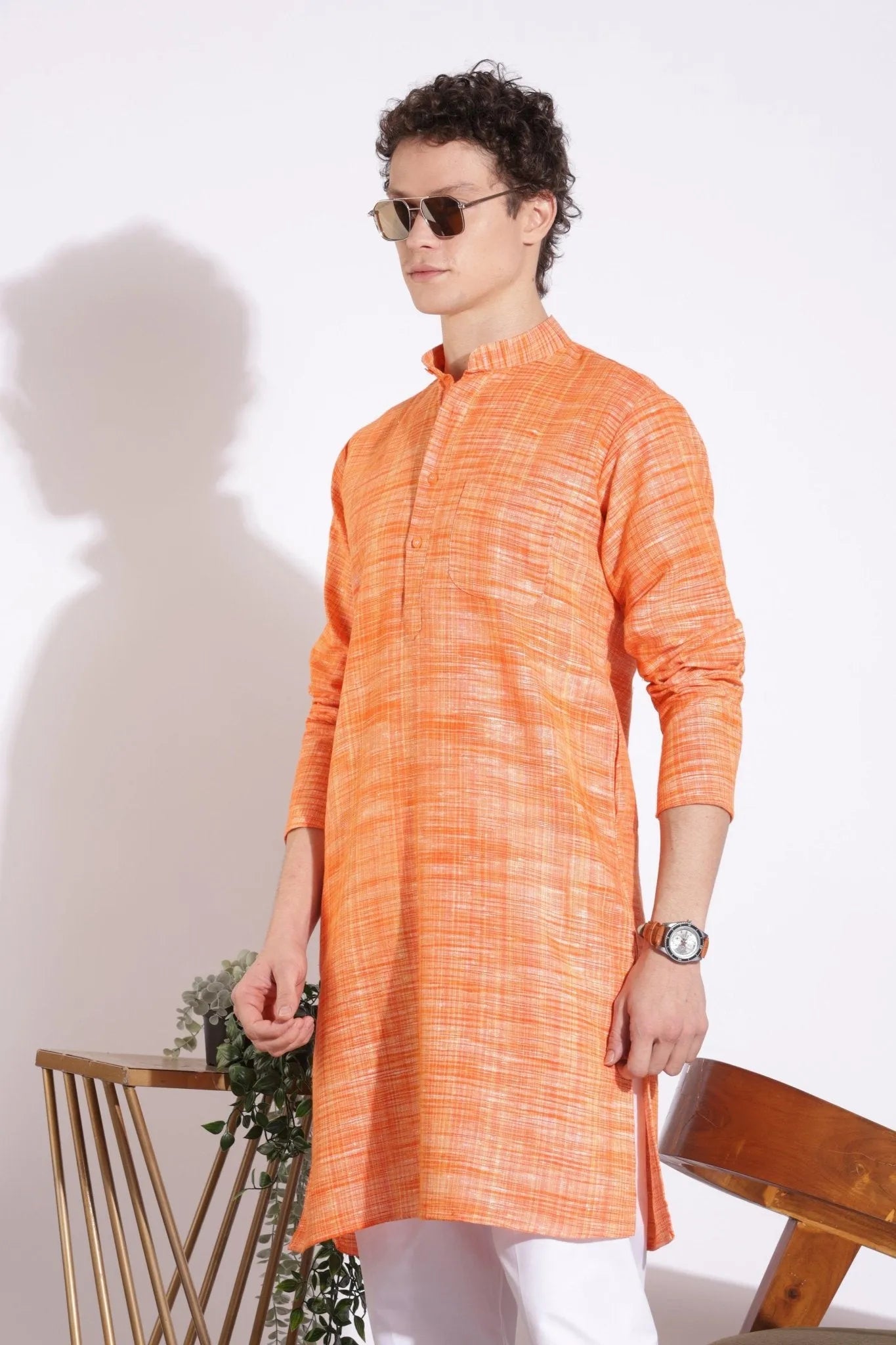 Vibrant Orange Khadi Cotton Long Kurta