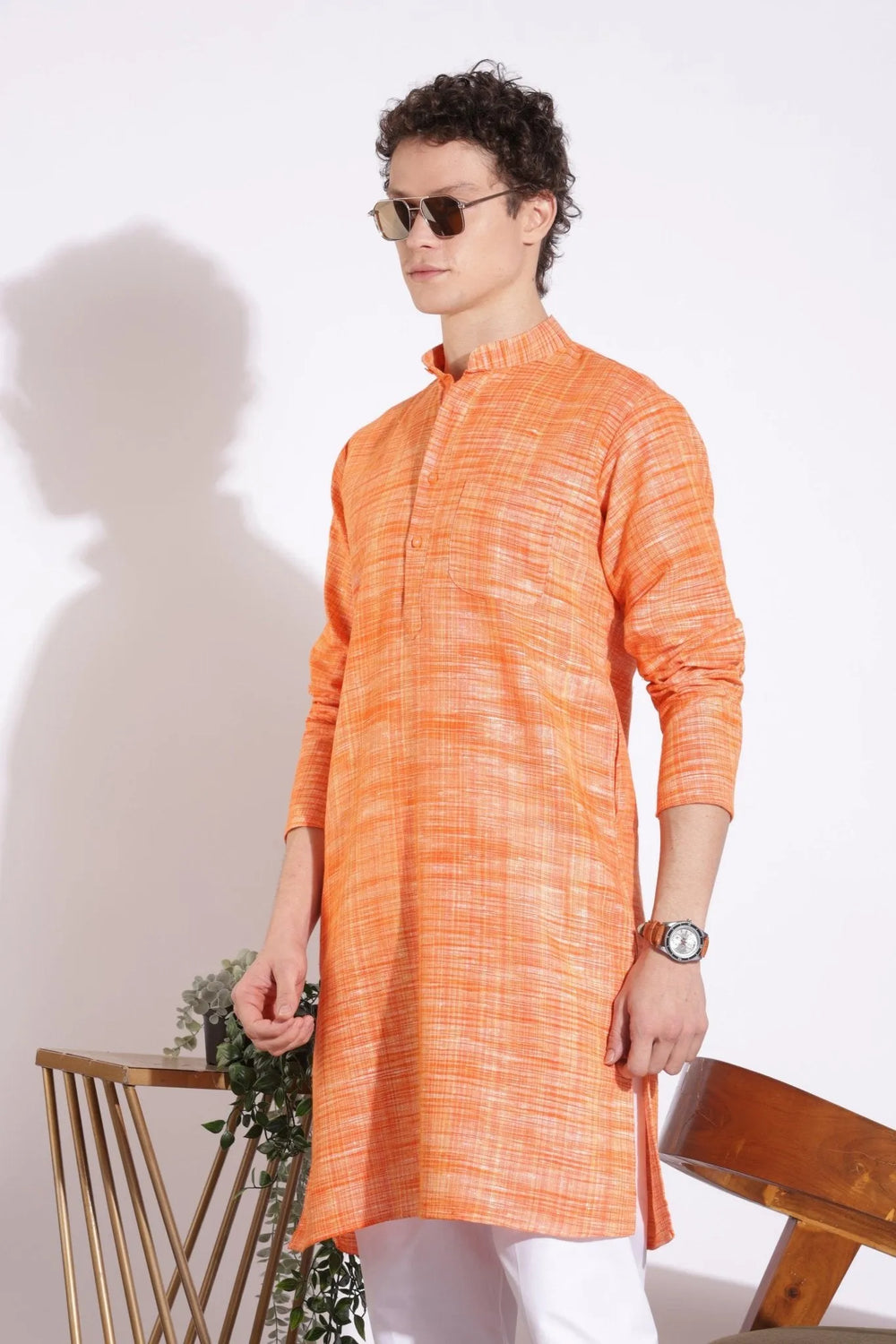 Vibrant Orange Khadi Cotton Long Kurta