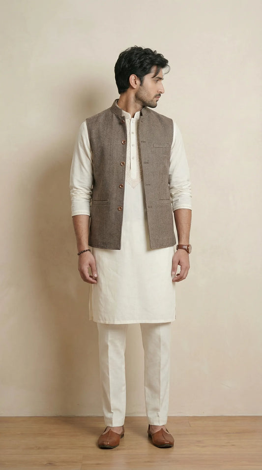 Reversible Wood Brown Nehru Fit Jacket | 100% Woolen
