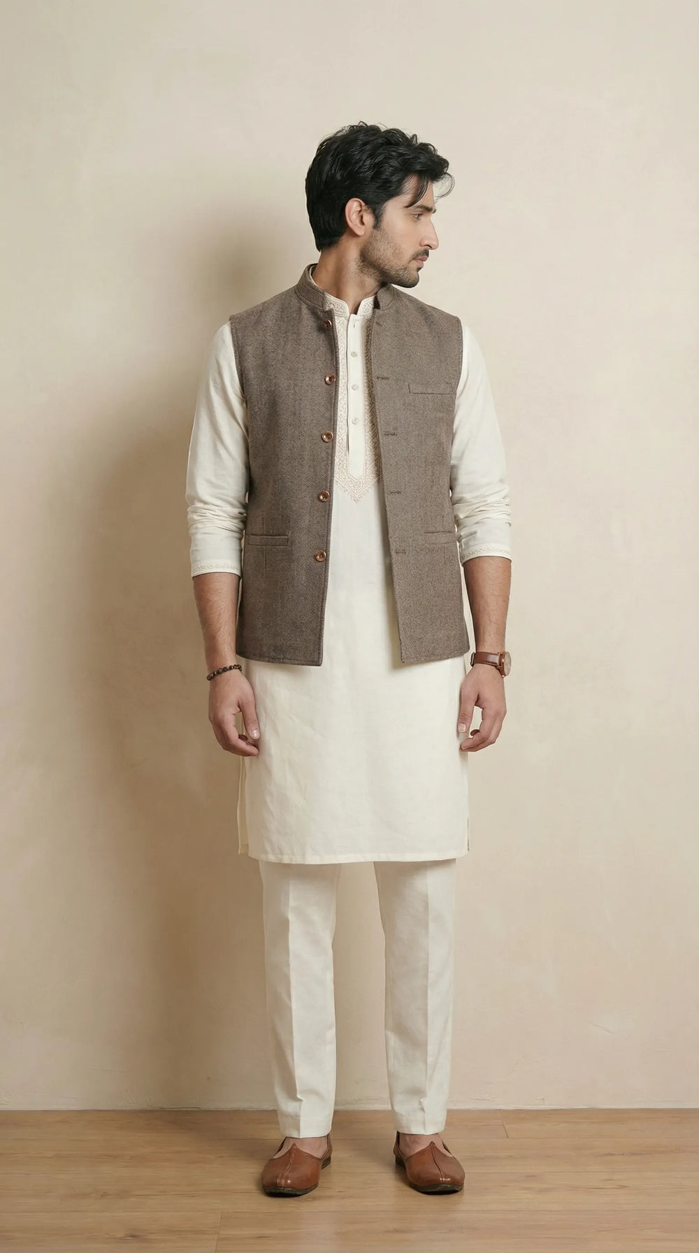Reversible Wood Brown Nehru Fit Jacket | 100% Woolen