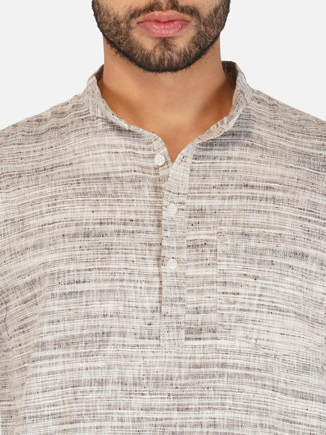Pure Khadi Short Kurta in Self Pattern Grey Color