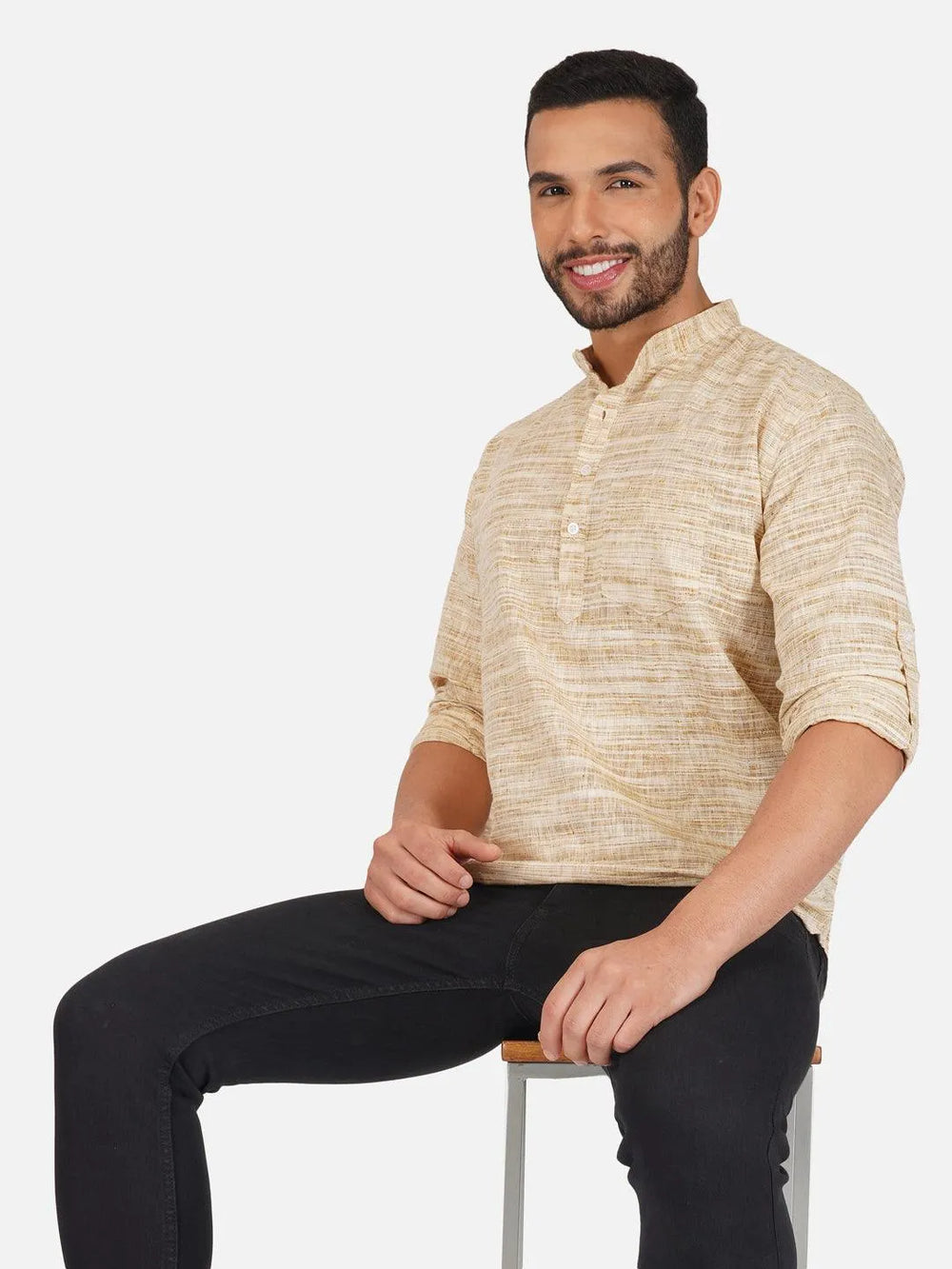 Pure Khadi Short Kurta in Self Pattern Wheat Color