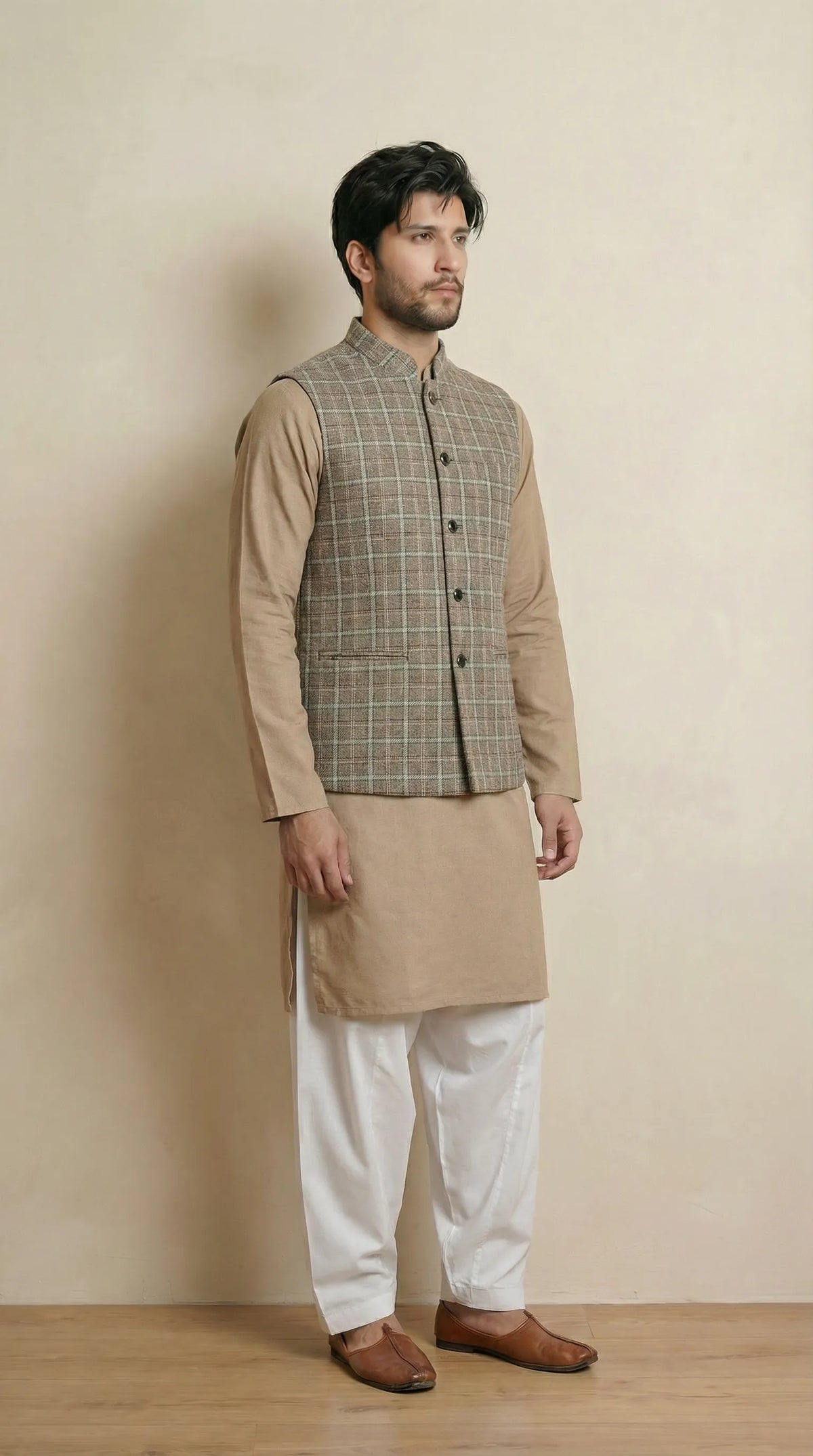 Natural Beige Signature Nehru Fit Jacket | 100% Woolen