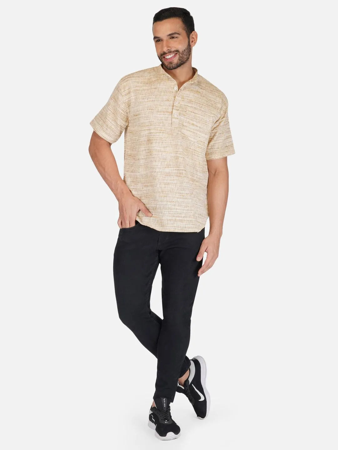Pure Khadi Short Kurta in Self Pattern Wheat Color