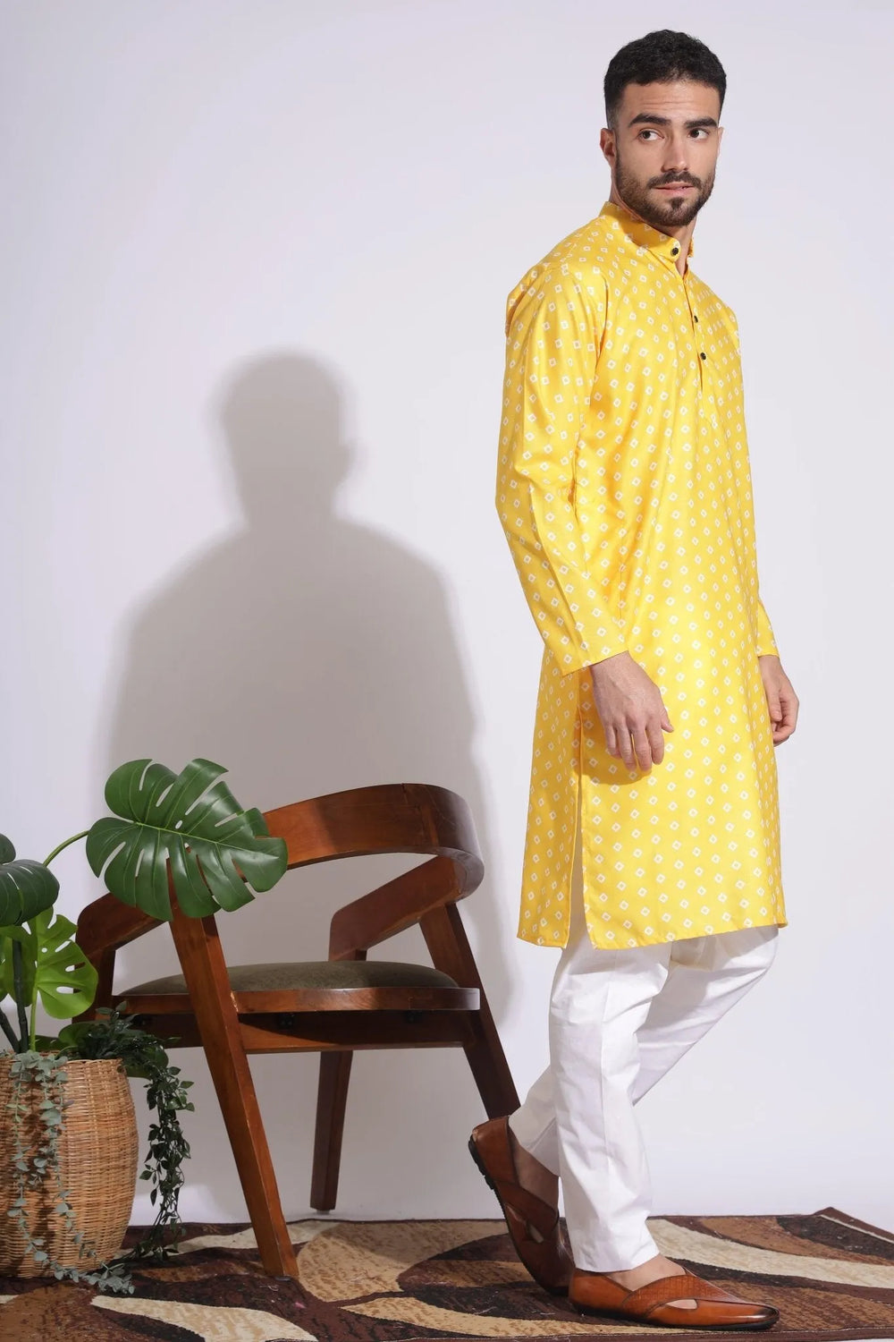 Ethnic Print Yellow Color Box Pattern Kurta